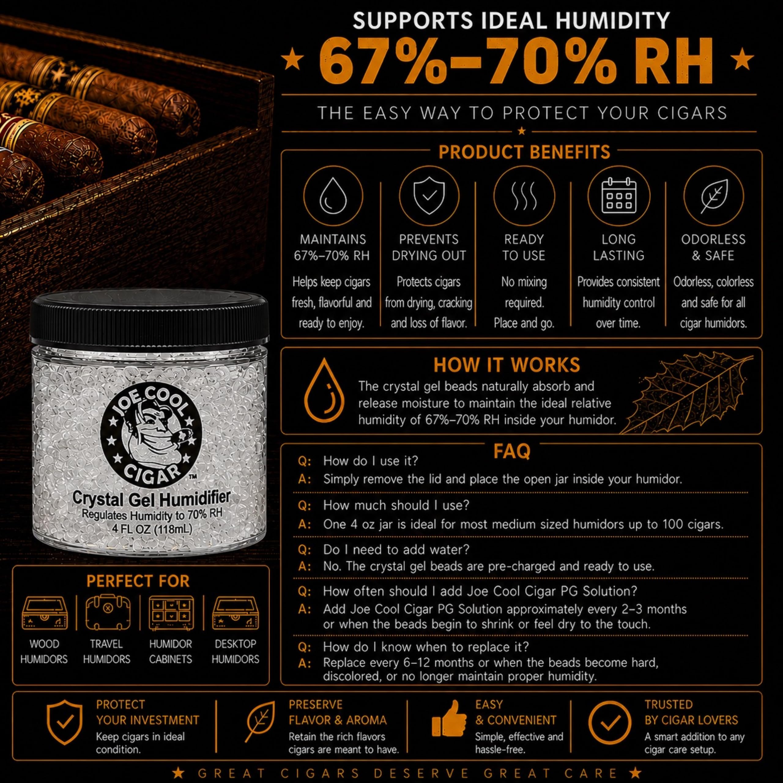 Joe Cool Cigar Kristall-Gel-Luftbefeuchter für Zigarren-Humidoren (118 ml Gläser) – 4 Stück