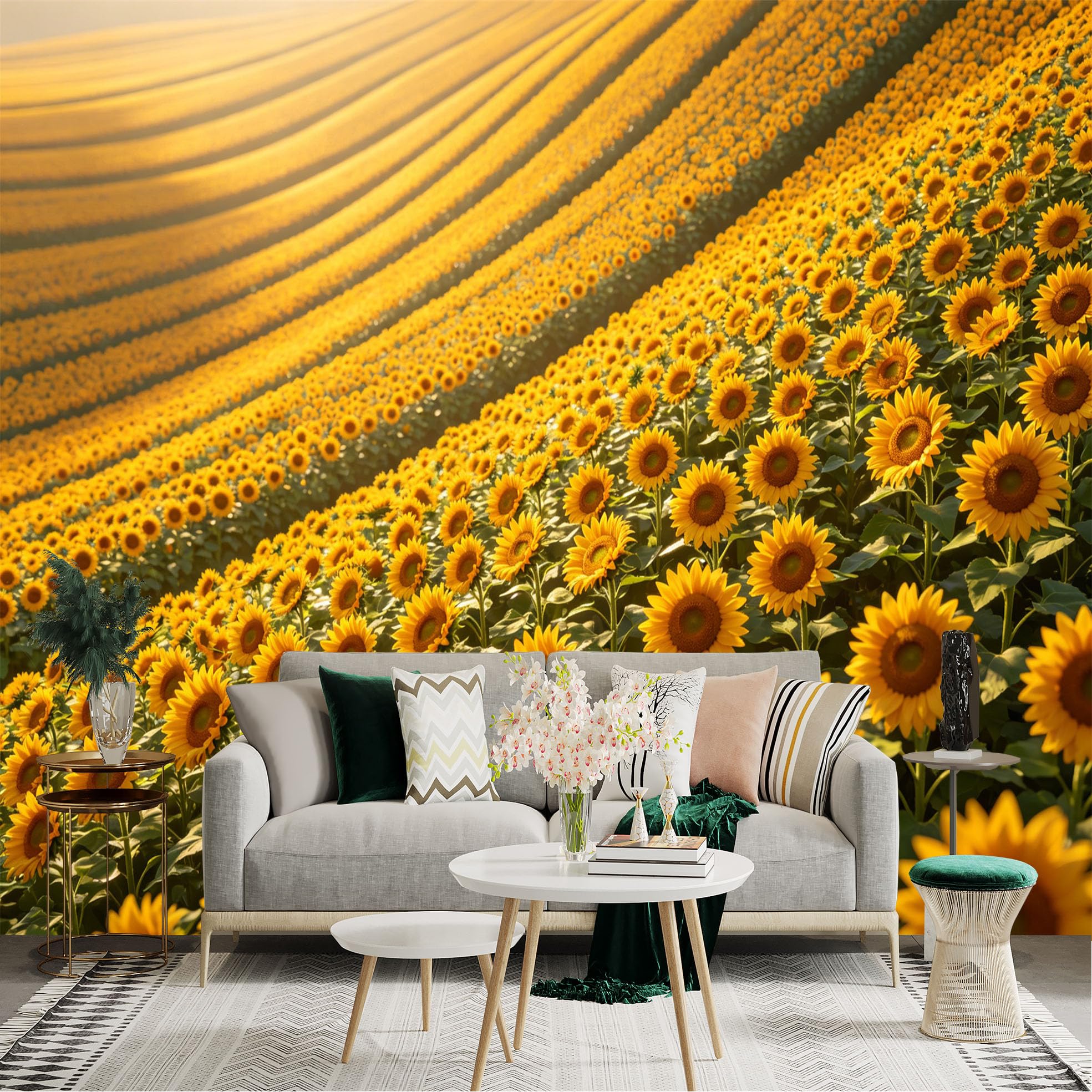 Lnzczhyre Dbh260521675 Custom Size Wall Sticker Mural， Vast Sunflower Field， Golden Summer Floral Landscape， Vibrant Botanical Nature Scene， Bright Yellow Petals， For Wall Decoration， Peelandstick Wall Decals.