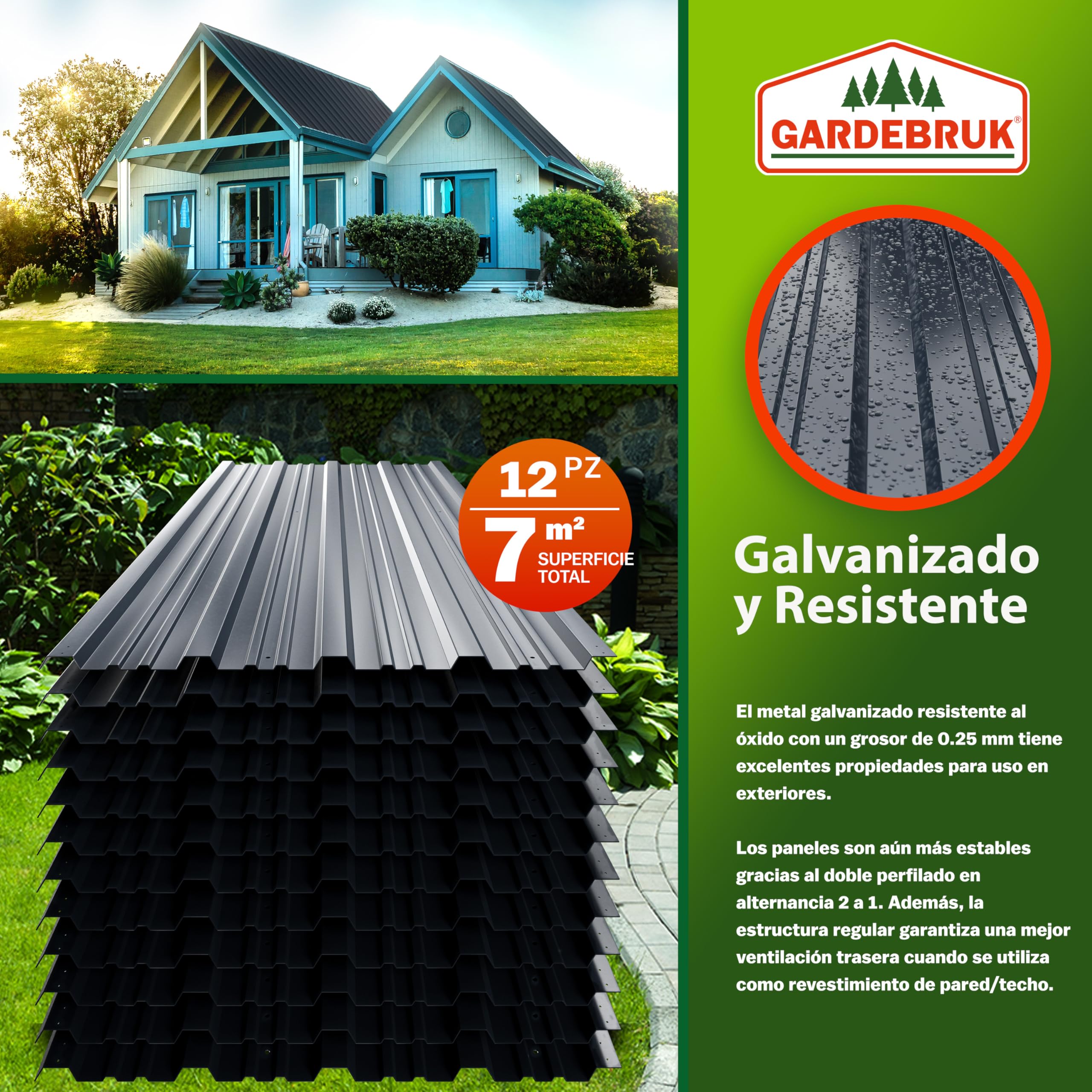 DEUBA® 12x Paneles para Tejado, Chapa Ondulada, Perfiladas Techo 7m², Placa Sandwich Perforada Galvanizadas, Cobertizo Garaje, Revestimiento Pared Caseta Exterior, 129x46cm, Construcción