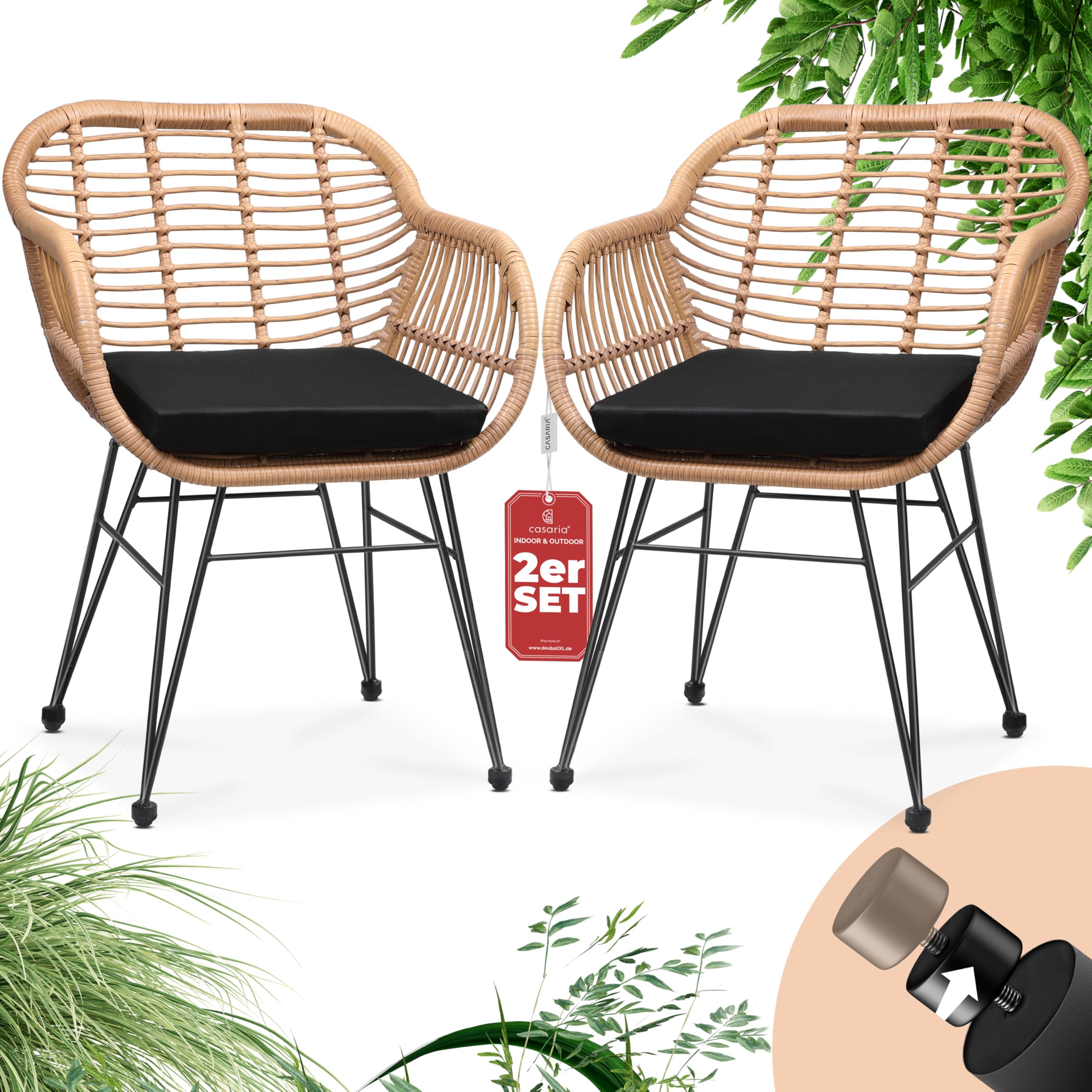 Casaria Gartenstühle 2er-Set Polyrattan mit Auflagen, wetterfest, Armlehnen, verstellbare Standfüße