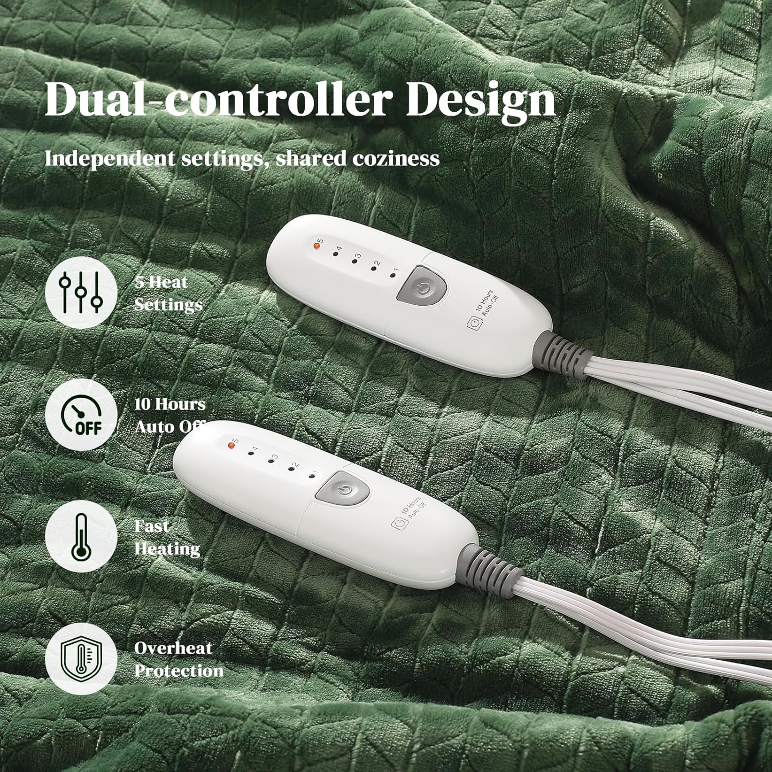 Heated Blanket King Size 90"x100" Electric Blanket King with Dual Control 5 Heat Settings, 10H Auto Off, FCC/ETL Certified, Wheat Pattern Flannel, Grandma, Machine Washable, Green - Image 2