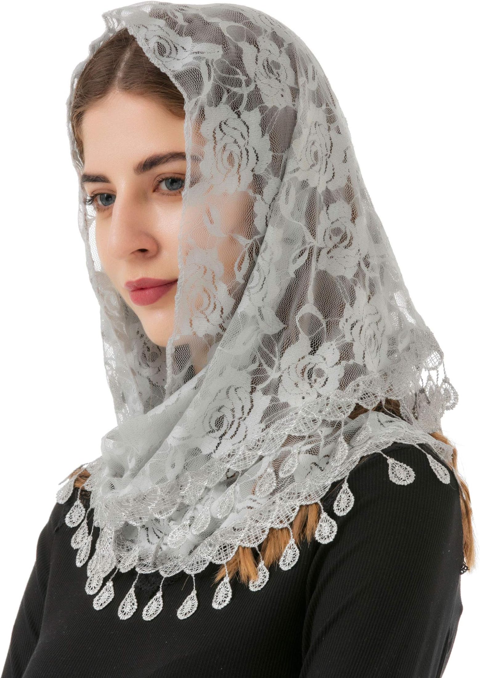 PAMOR Mass Veil Triangle Mantilla Cathedral Head Covering Chapel Veil Lace Shawl Latin Scarf
