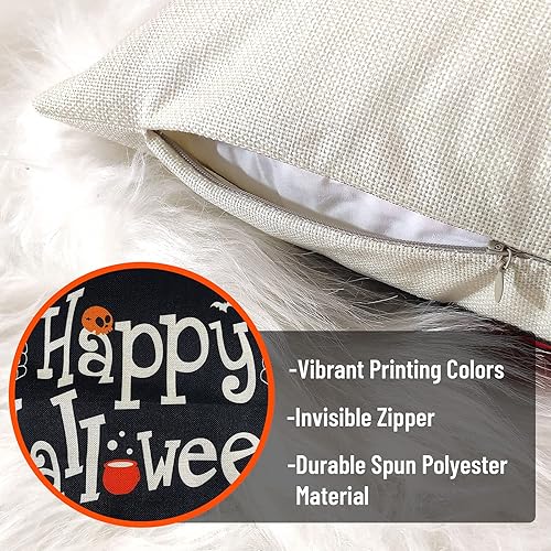 Miniatura 5 de CREATRILL Juego de 4 fundas de almohada de Halloween de 18 x 18 pulgadas, funda de almohada de lino suave con castillo de gato negro, decoración