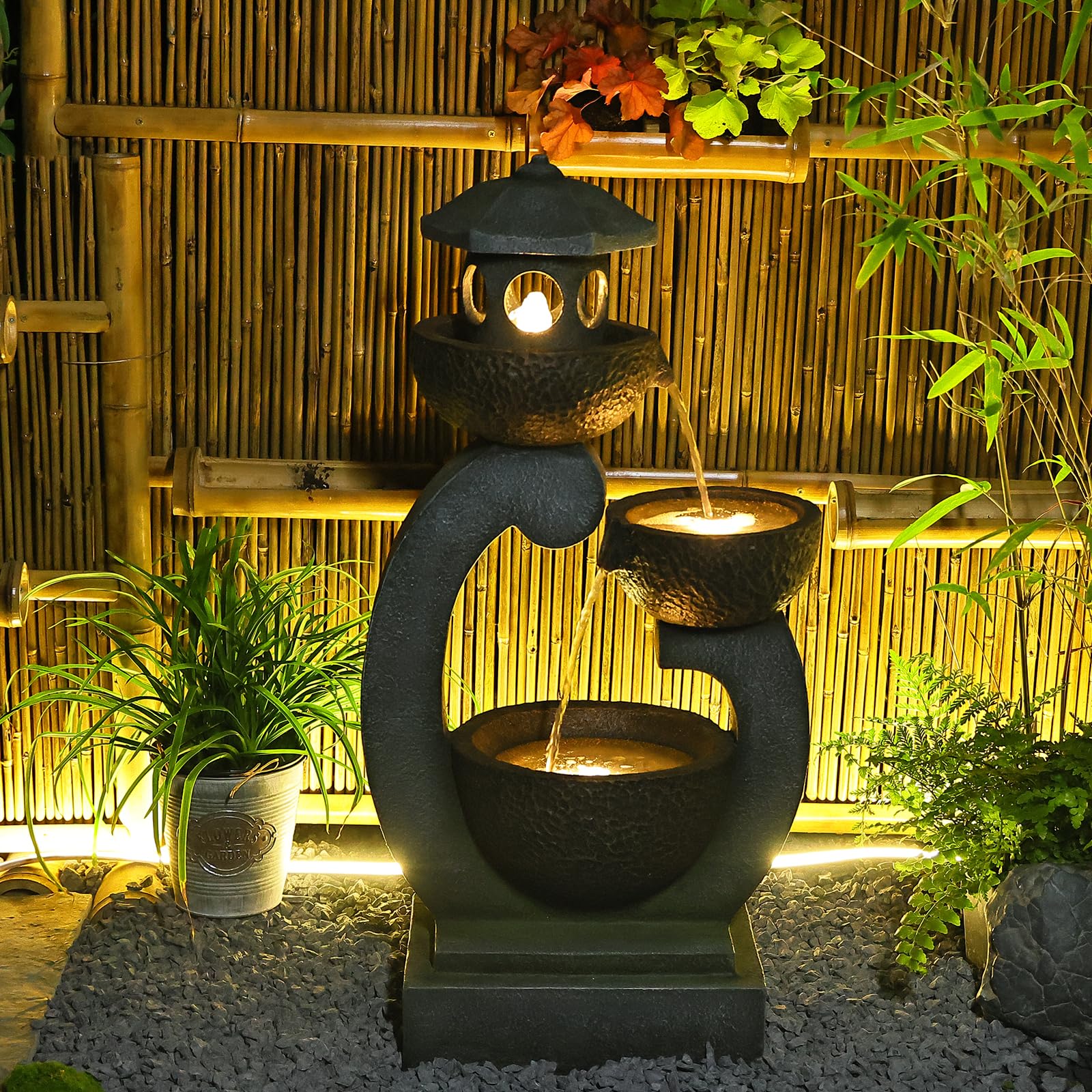 Tankana Outdoor Garden Water Fountain - Modern Tranquil Zen Pagoda Waterfalls Fountains Bowl with LED Lights & Pump for Patio Yard Porch Pool Decor, Gray, 35.5 inches