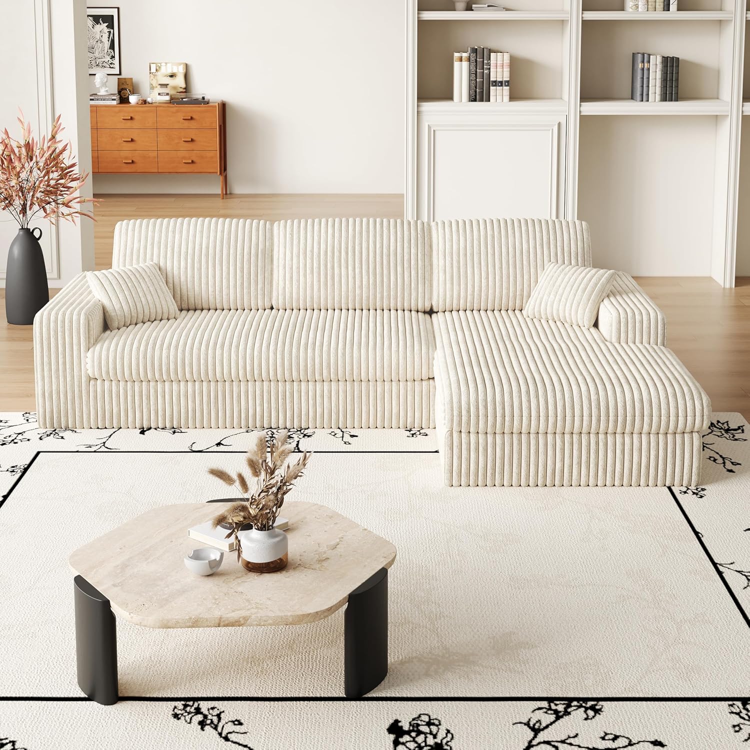 114.5" L-Shaped Reversible Corner Sofa for Living Room,Corduroy Modular Cloud Couches Compressed Sofa with Reversible Chaise and Headrests