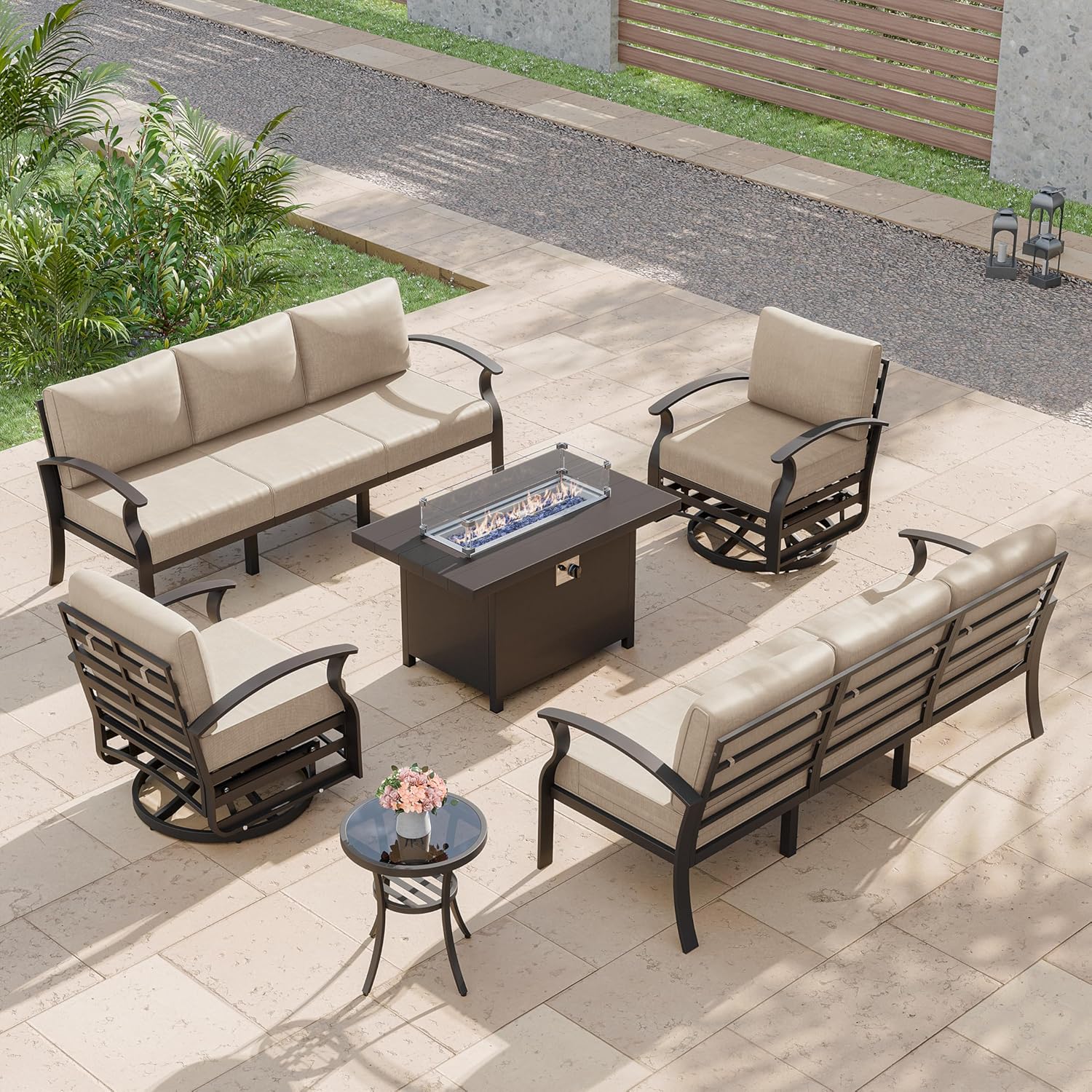 Kurapika Aluminum Patio Furniture Set 8-Seat Modern Metal Outdoor Conversation Sets w/45in Propane Fire Pit Table, Swivel Rocking Chairs Patio Sectional Sofa w/5.1 Inch Cushion, Sand