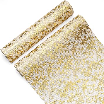 2 PCS Table Runner, Glitter Metallic Printed Rattan White Gold Table Runners Roll 11x106 Inch for Wedding Graduation Party Decor