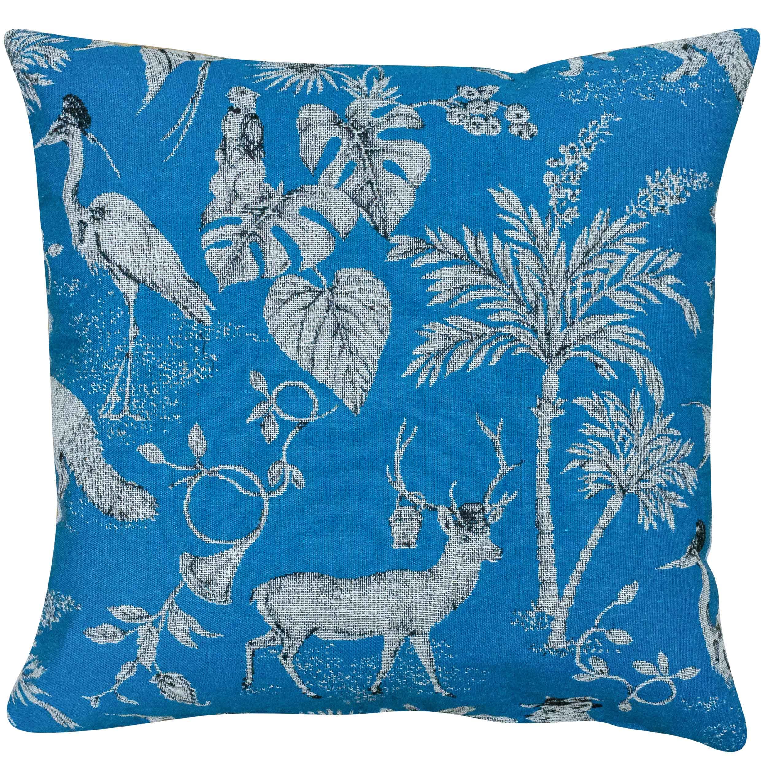 Linen Loft Magical Menagerie Tapestry Cushion Cover in Denim Blue. Steampunk Fish, Deers, Meerkats in a Fantasy Forest Toile Design. 17x17 Cushion Cover Only.