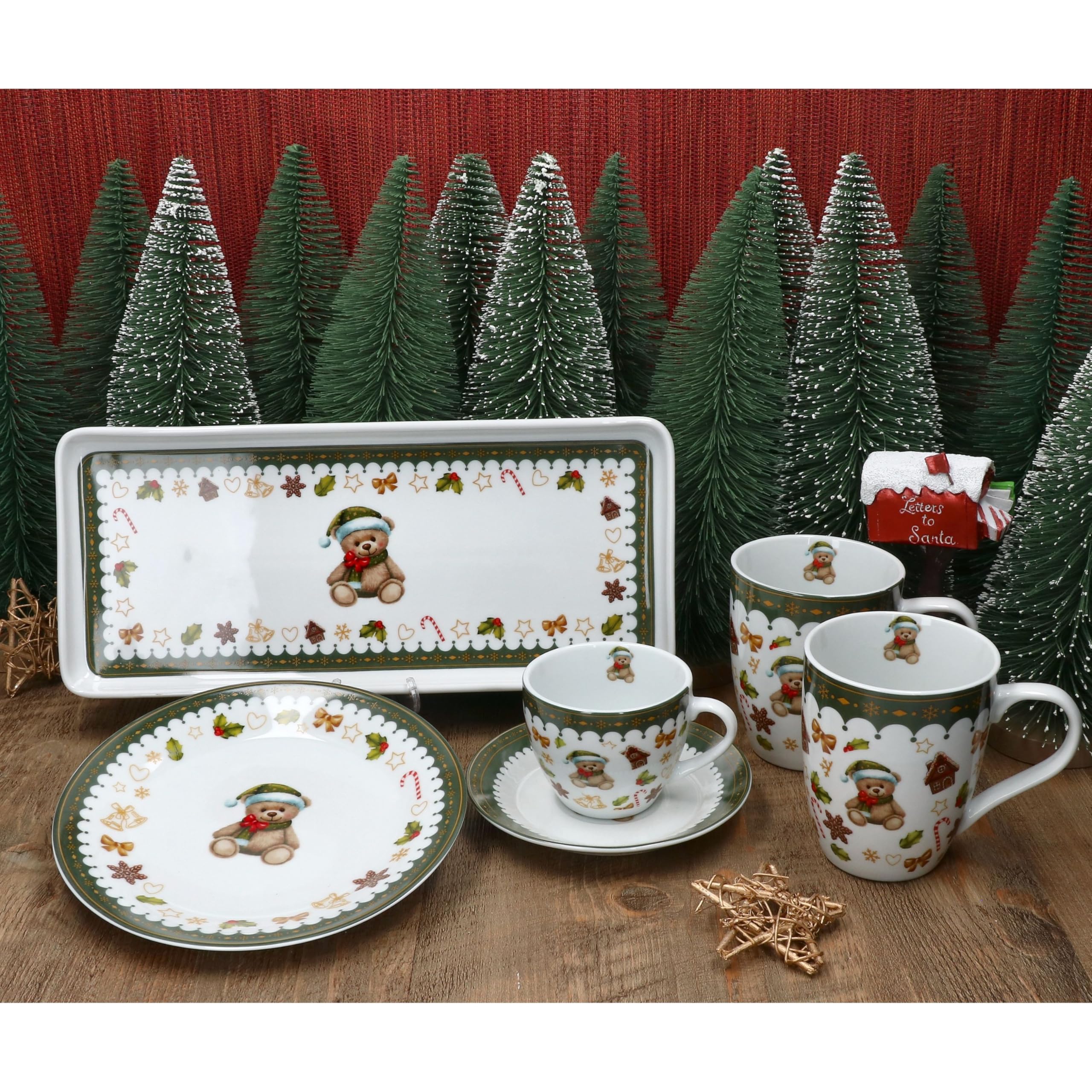 MamboCat Friend 18-tlg. Kaffeeservice für 6 Personen | Weihnachtliches Frühstücks-Set aus Porzellan mit Teddybär, Lebkuchenhaus & Co. | Tassen, Untertassen & Kuchenteller | für Weihnachten
