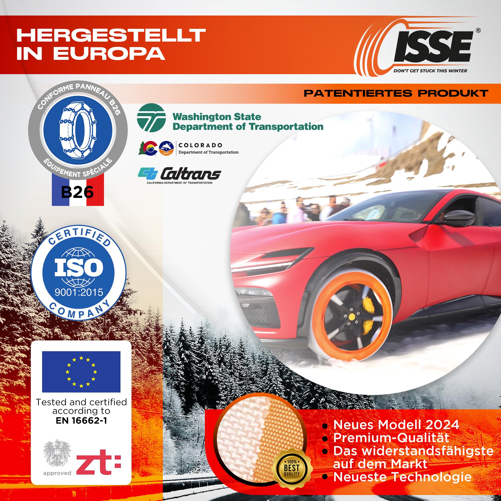 ISSE Schneesocken Super T-70 | Textil-Schneeketten, zugelassen und hohe Sicherheit – Set mit 2 Ketten für Autos + Handschuhe