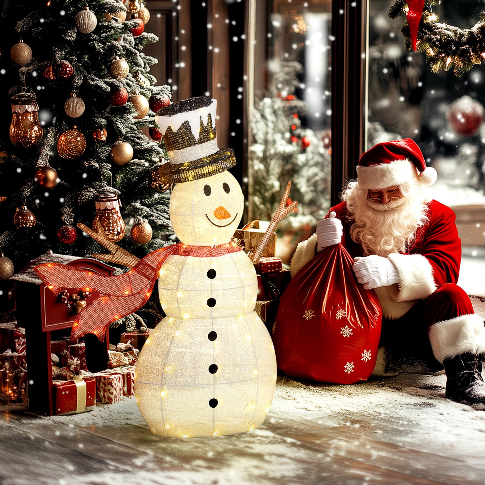 Outsunny 3FT Lighted Christmas Snowman, Waterproof Light up Yard Xmas Decor with 78 Warm-White LED Lights for Indoor Outdoor Garden, White