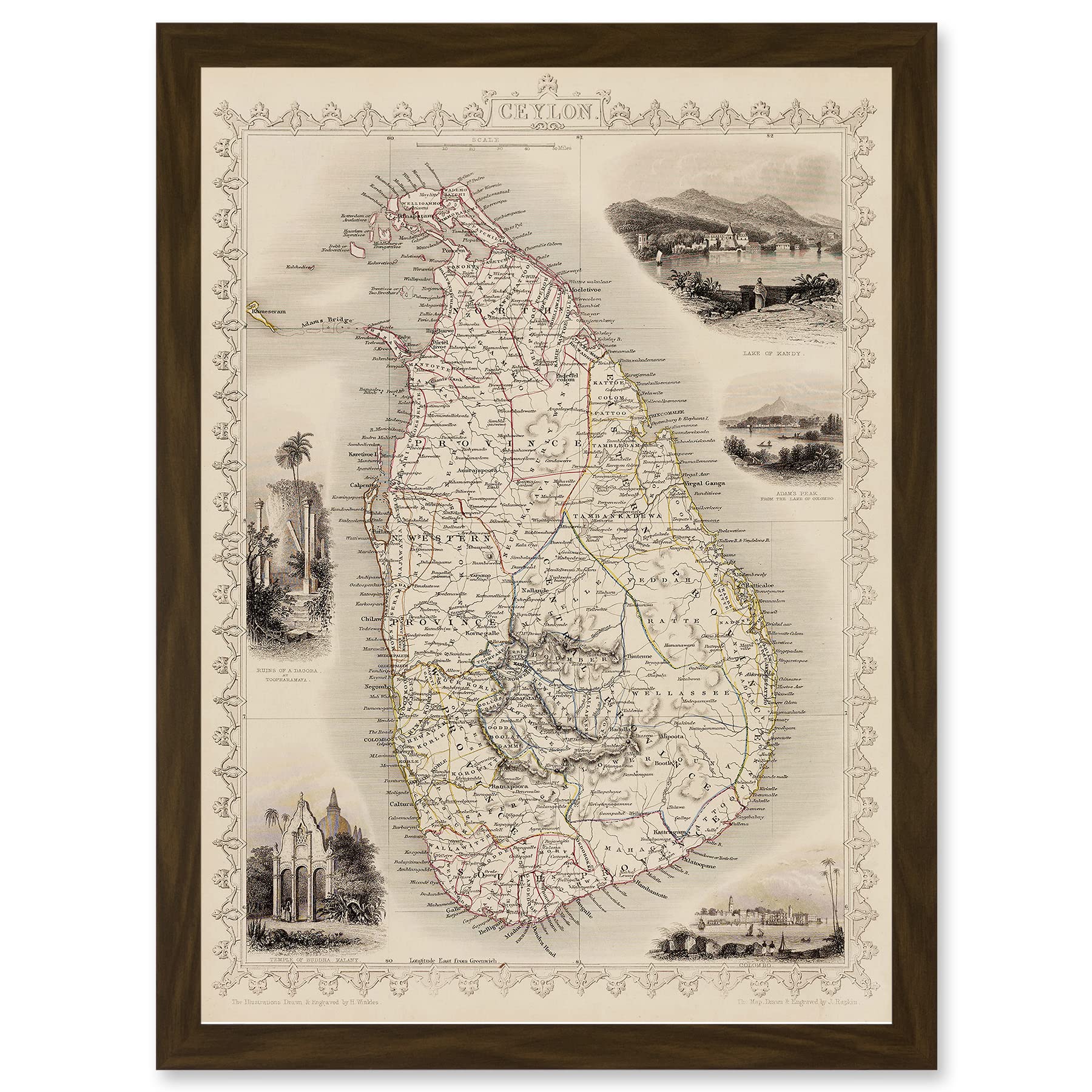 Wee Blue Coo Ceylon Sri Lanka Vintage Pictorial Map Artwork Framed Wall Art Print A4
