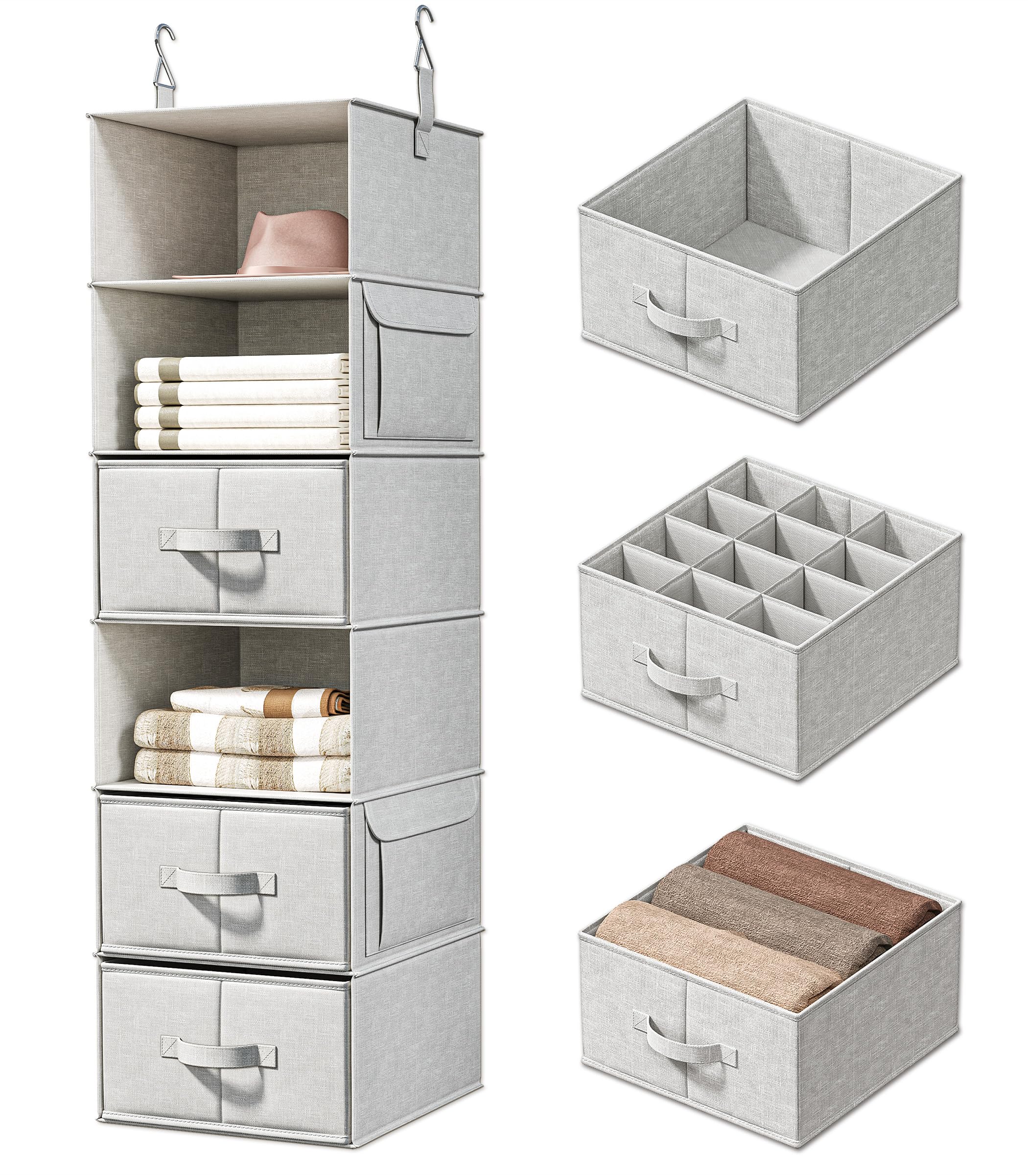 Vailando Hängeschrank-Organizer mit 6 Ablagen und 3 Schubladen, Schrank-Hängeregale mit abnehmbaren Stoffschubladen für Kleiderschrank, Kinderzimmer und Schlafsaal, Silbergrau