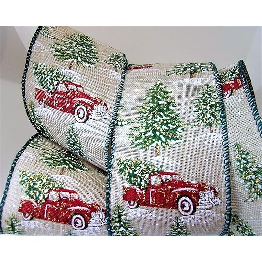 Wire Edged Red Vintage Trucks and Christmas Tree Printed Ribbon - 10 Yards, 2.50 Inches Wide - Perfect for Wreath Bows and Holiday Decorating!