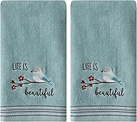 SKL Home Life Is Beautiful 2-Pc 100% Cotton Embroidered Hand Towel Set, Aqua - Soft Velour Bath Kitchen Towels