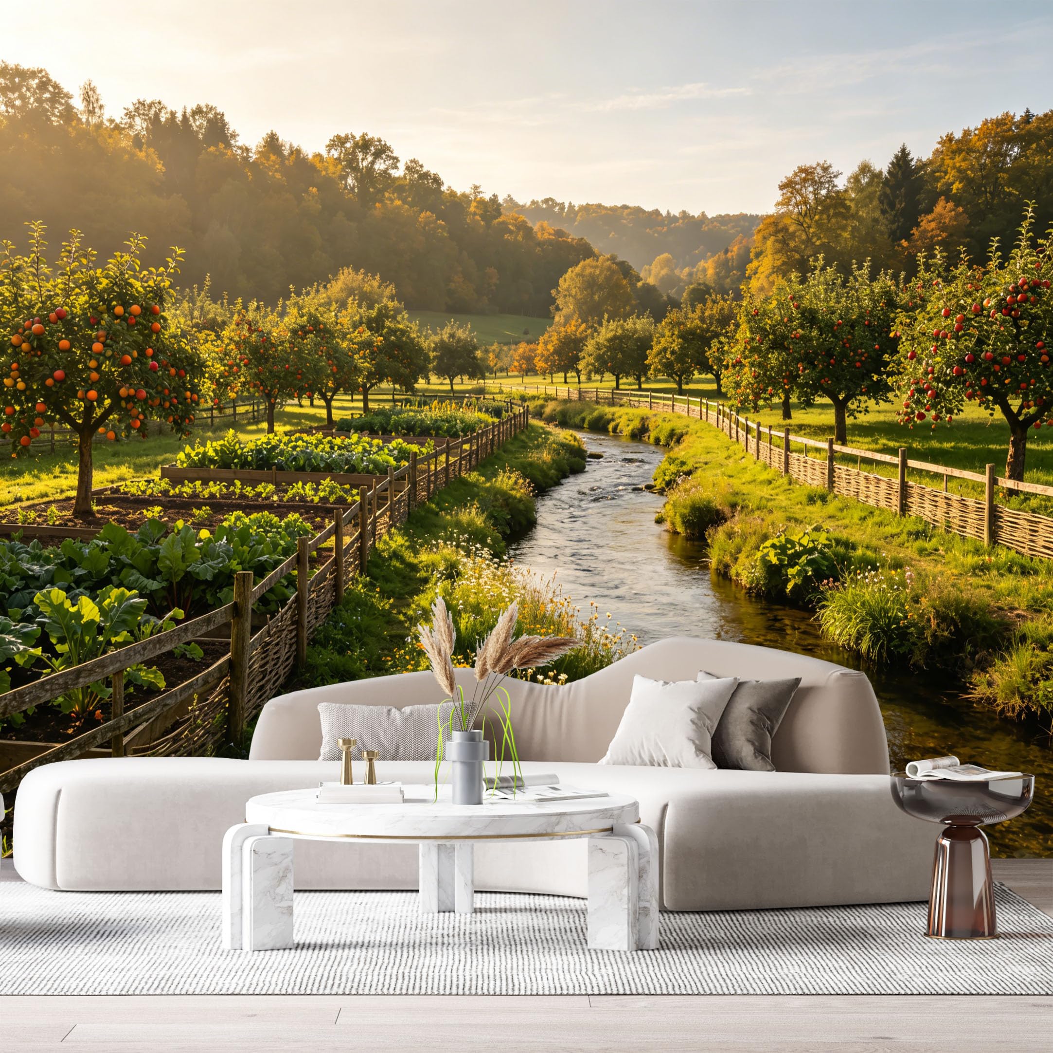 Custom Size Wall Murals Farmhouse Apple Orchard Creek Landscape SelfAdhesive Wall Fabric Removable Large Wallpaper Photo for Living Room Interior Wall Decor Mural Art