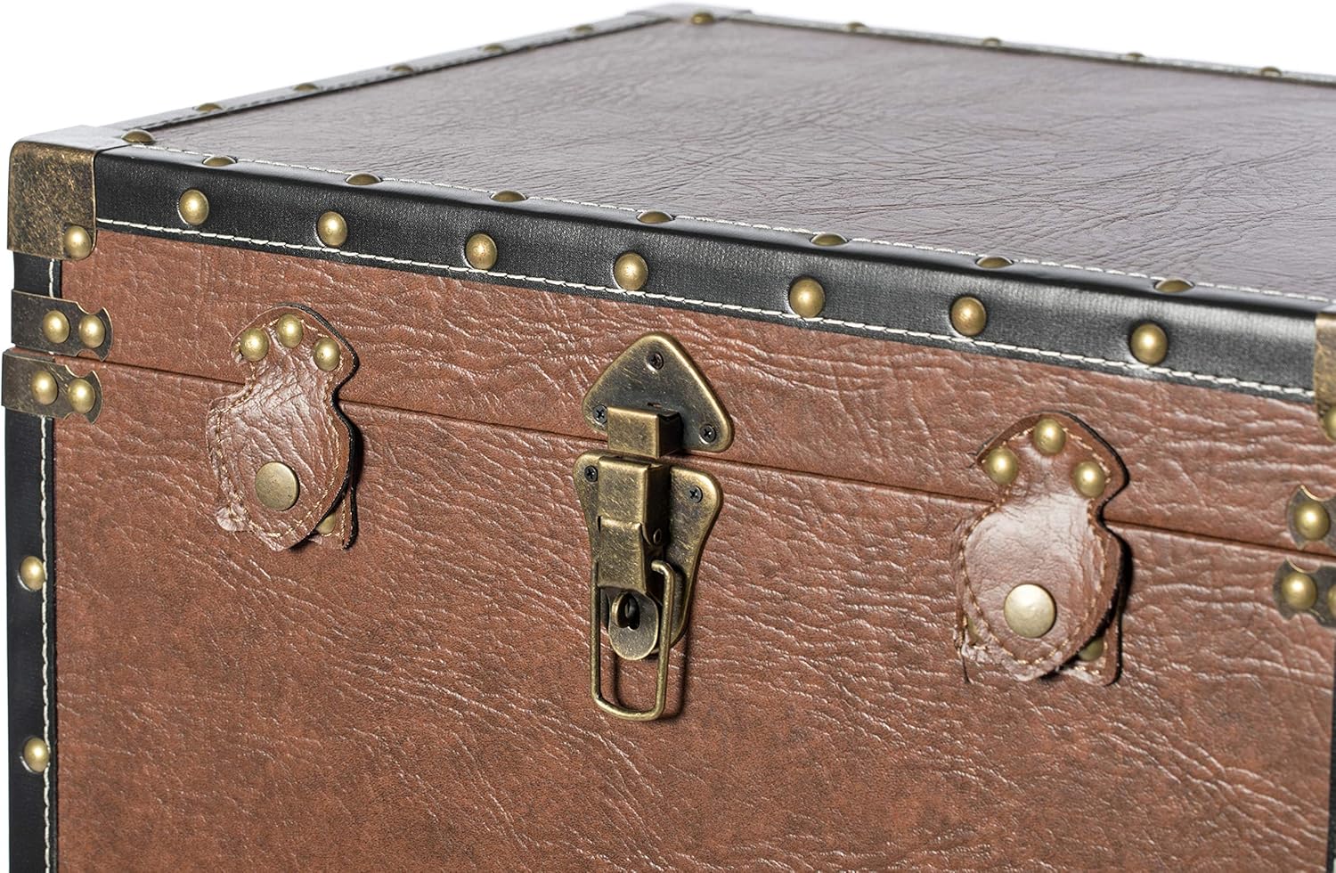 Vintiquewise Vintage Storage Trunk Chest, Brown Faux Leather Lockable Hope Chest, Steamer Trunk End Table with Metal Stand, Wooden Lined Hope Chest Storage
