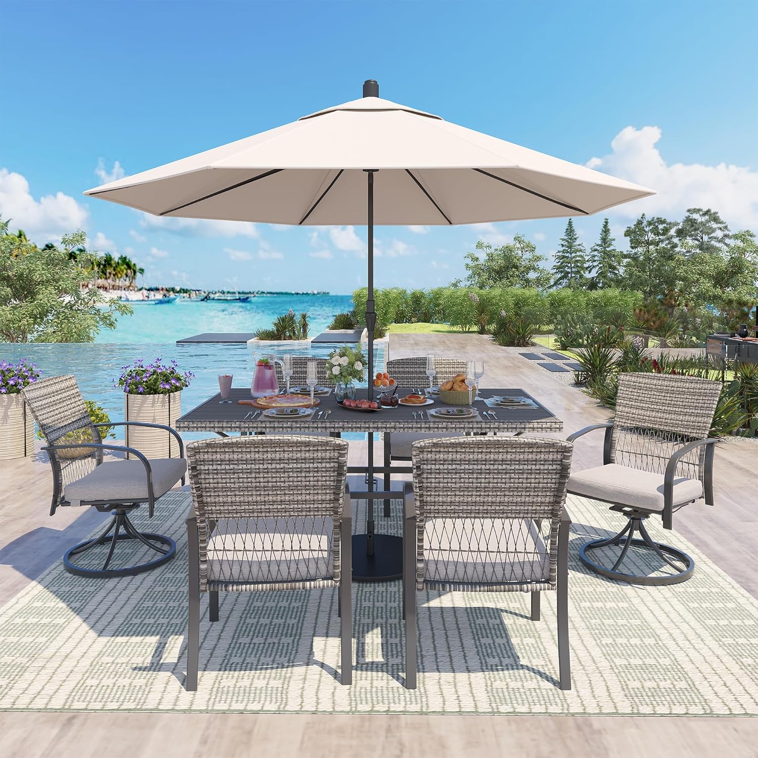 Pamapic 7-Piece Patio Dining Set for 6, Wicker Outdoor Furniture Set with 2 Swivel Rockers and 4 Chairs, Water-Resistant Cushions, Iron Table for Garden, Deck, Poolside