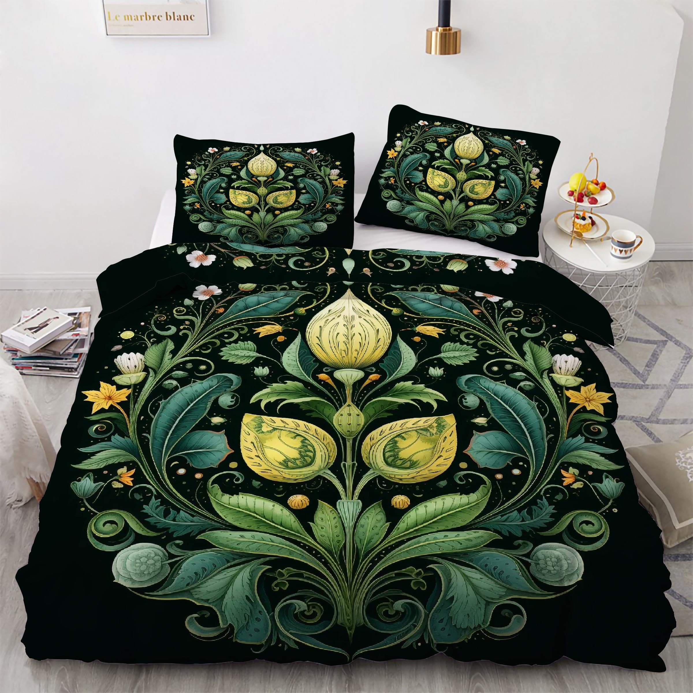 Parure de lit 240x260 fleurs housse de couette microfibre zippée avec 2 taies d'oreiller 3 pièces