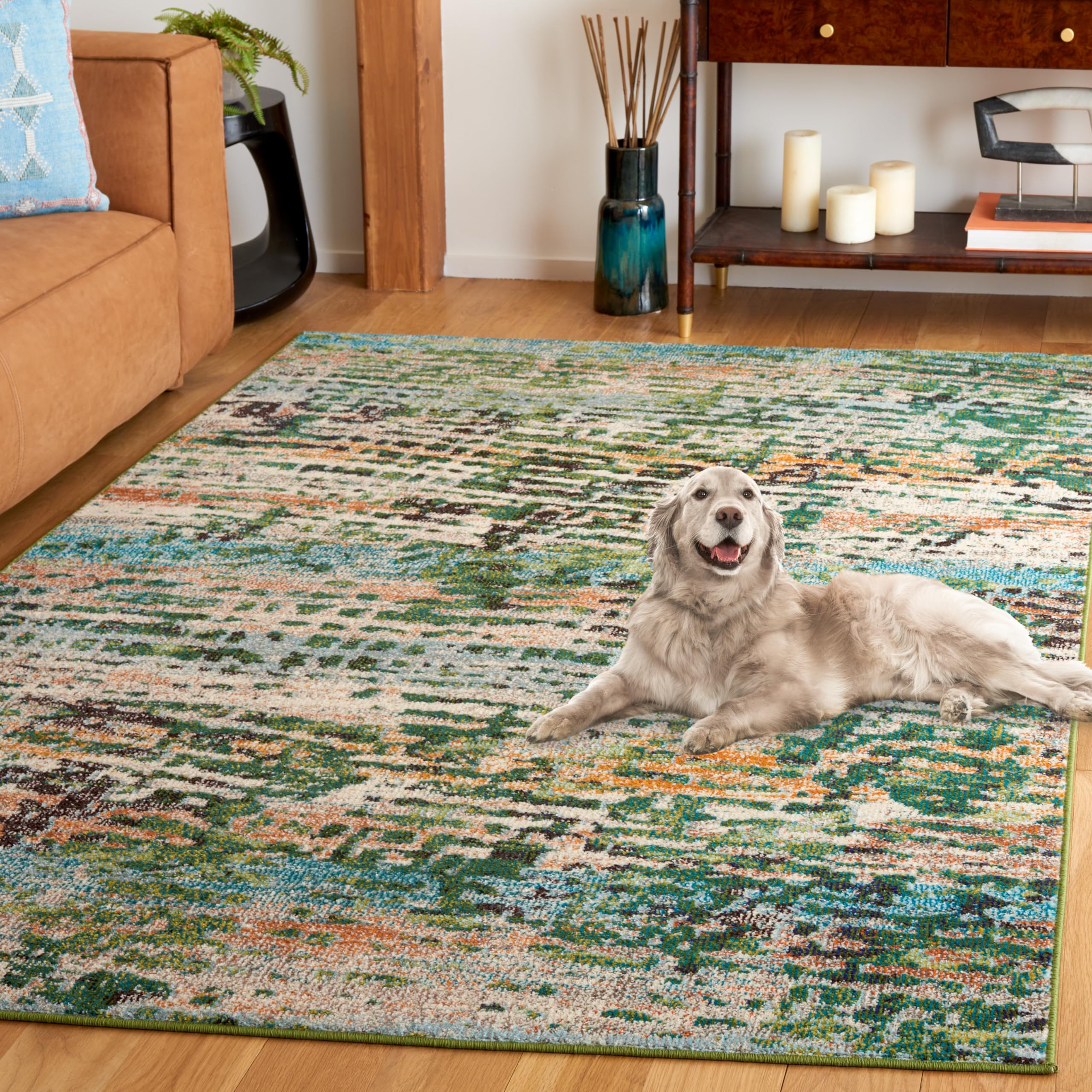 SAFAVIEH Madison Collection Area Rug - 9' x 12', Green & Rust, Modern Design, Slip Resistant & Stain Resistant, Ideal for High Traffic Areas in Living