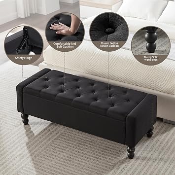 50 W Storage Ottoman Bench with Safety Hinge, Load up to 660 lb Ottoman with Storage, Upholstered Tufted Entryway Bench with Seating for Living Room, Bedroom, Entryway, Black