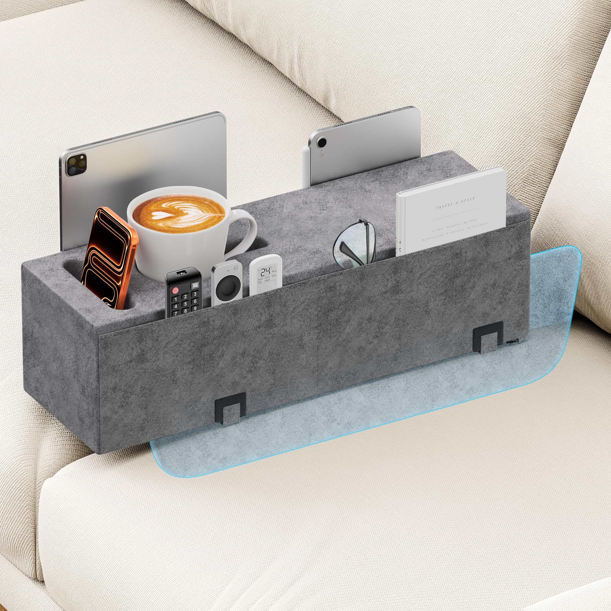 Heyife Sofa Armrest Couch Caddy with Cup Holder, Removable Couch Armrest Table Pillow Drink Holder Tray Insert Between Cushions, Sofa Accessory Storage for Reading & Bed Rest Pillows