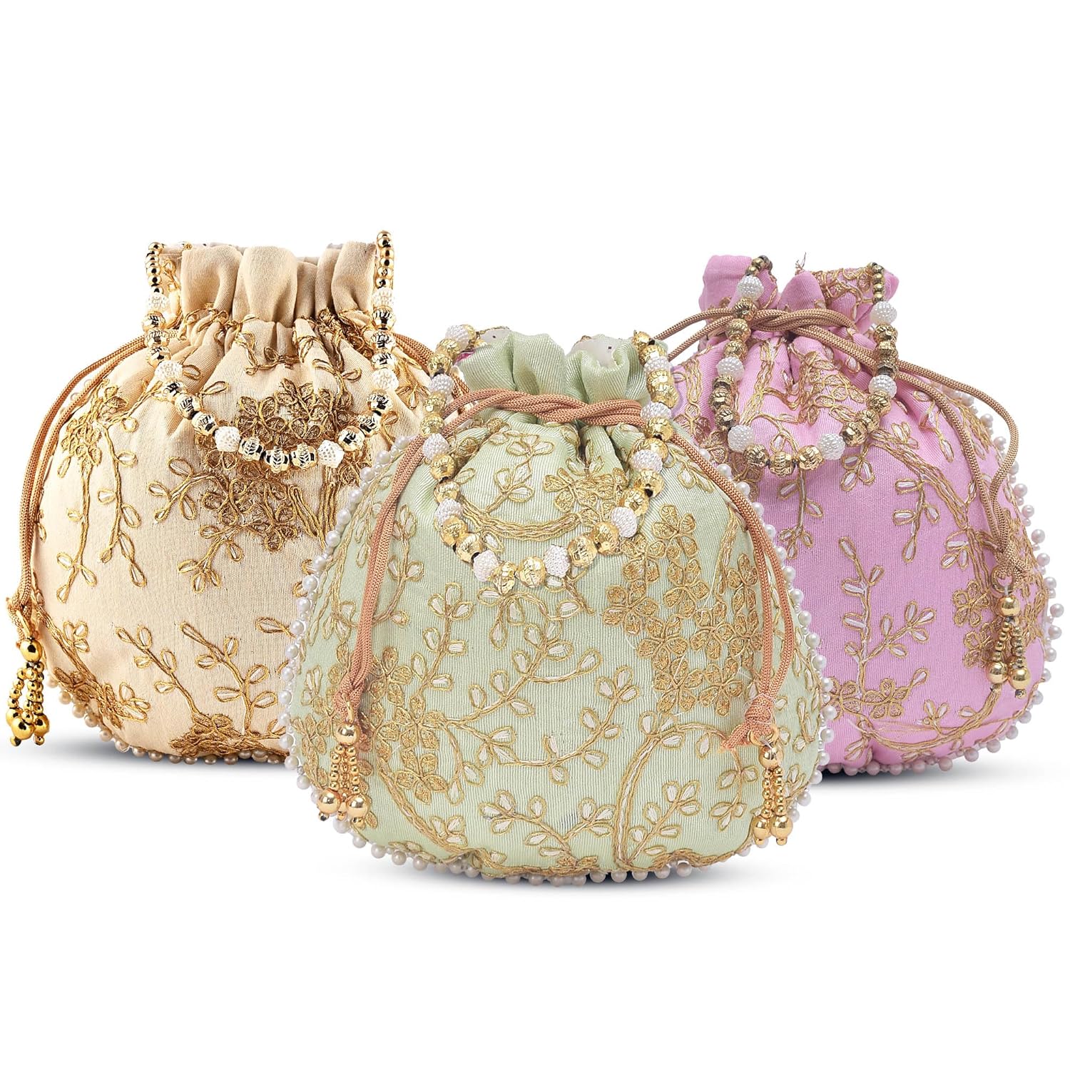 Kuber Industries Pack of 3 Potli Bags for Women and Girls | Shagun pouch for festive season | Embroidered Bridal Purse – Cream, Light Pink and Green Kuber Industries Pack of 3 Potli Bags for Women and Girls | Shagun pouch for festive season | Embroidered Bridal Purse – Cream, Light Pink and Green