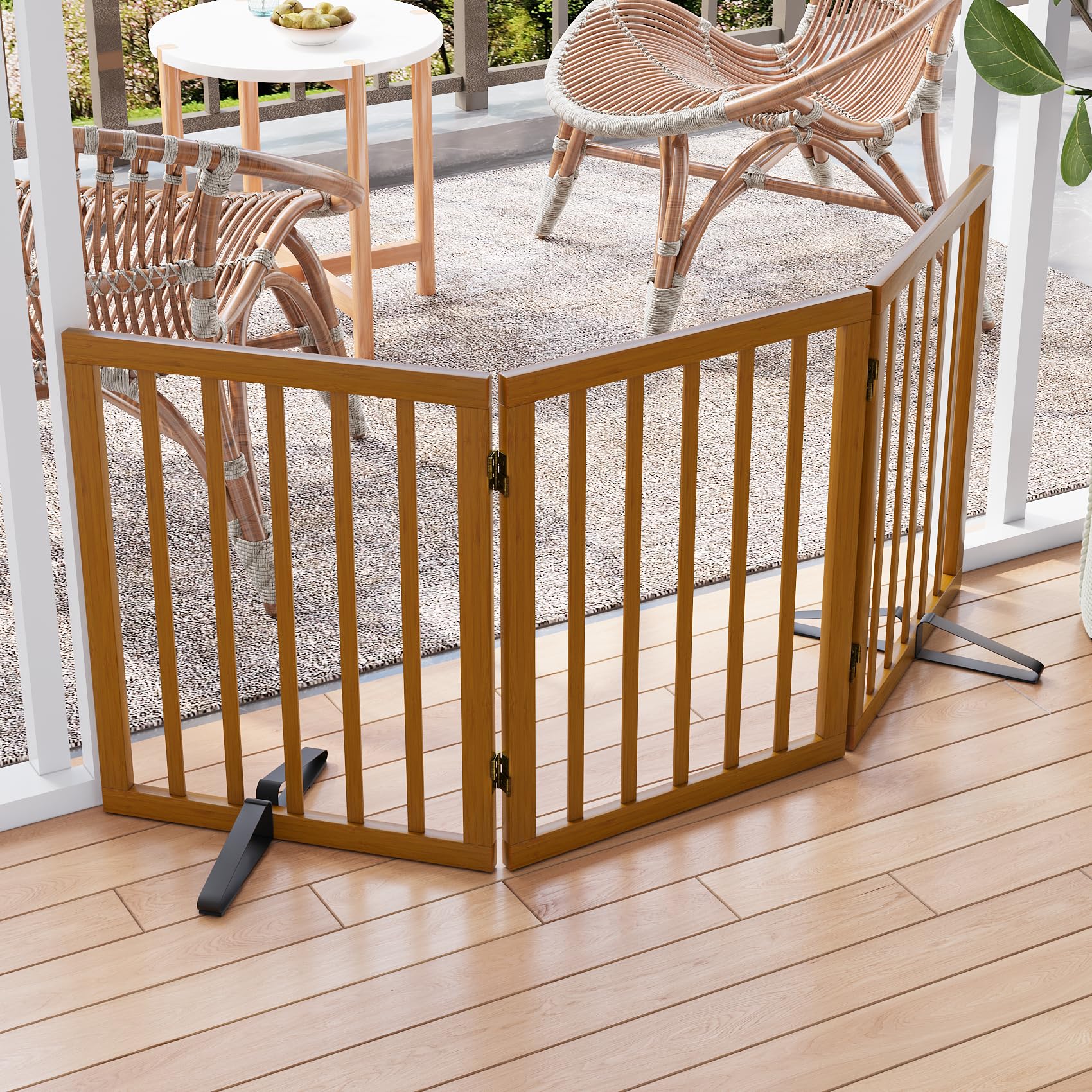 Barrière de Sécurité pour Chien 3 Panneaux sans Perçage 61cm x 140cm avec Supports Métalliques Noyer