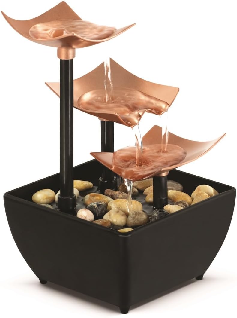Homedics Tabletop Water Fountain, 3 Tier Indoor Waterfall Fountain with Natural River Rocks, Quiet Pump for Relaxation, Zen Home & Office Desk Décor, AA Battery Powered