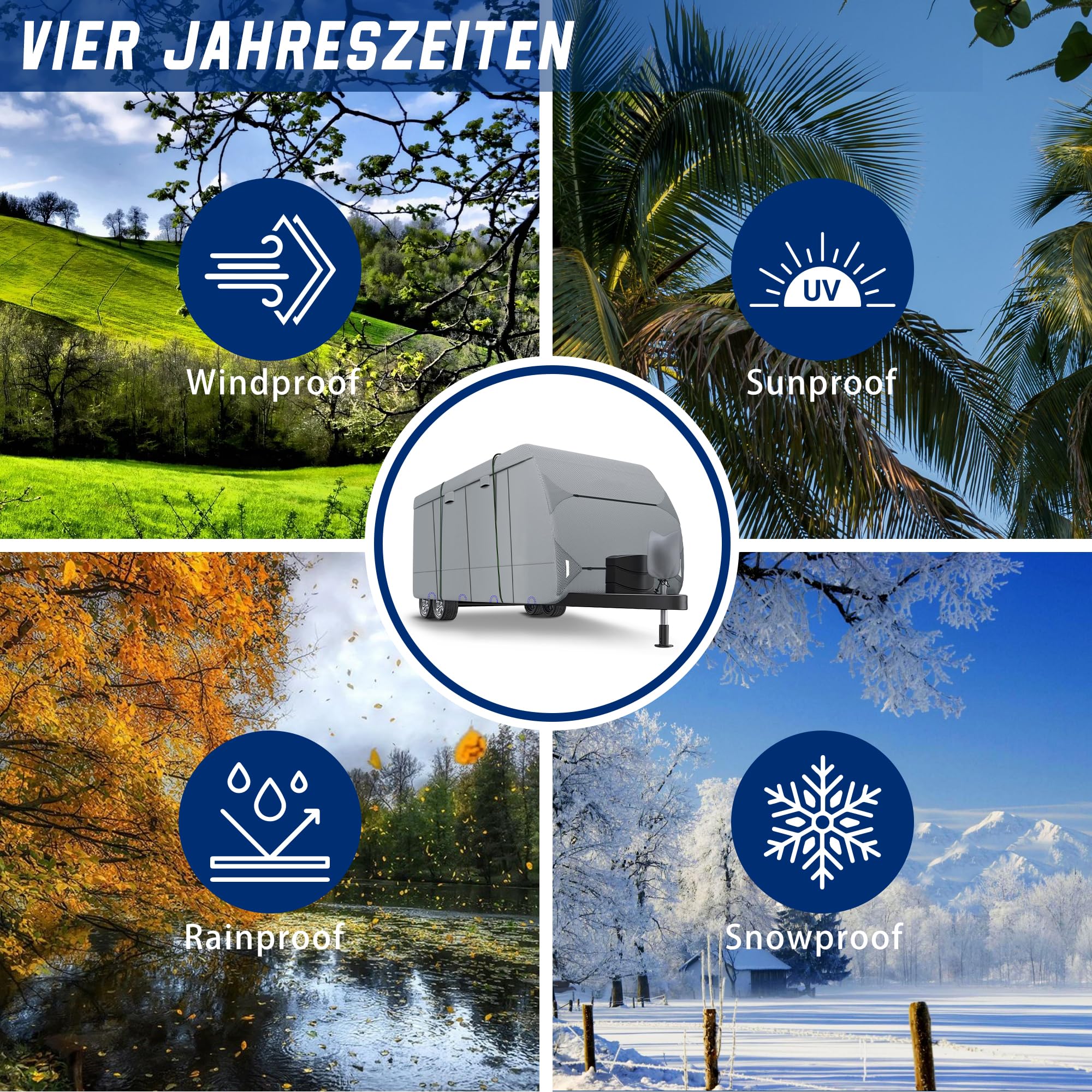 Wohnwagen Schutzhülle 500–550 cm, wasserdichte Wohnwagen Abdeckung | UV-beständige und Frostsichere Wohnwagenhülle, Atmungsaktive Schutzhülle für Wohnwagen mit Zubehör