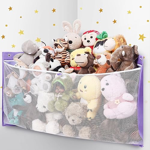 Miniatura 9 de ANROYE Almacenamiento grande de animales de peluche en las esquinas, juguete de peluche para niños, hamaca de pared gris para habitación de niñas,