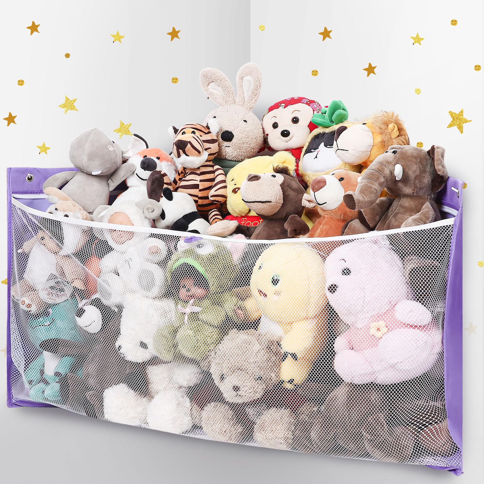 Large Corner Stuffed Animal Storage Hammock - Grey Wall Toy Organizer For Kids Room, Nursery, And Playroom