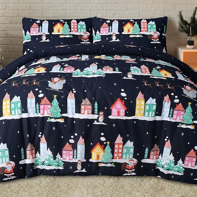 Sleepdown Santa Town Xmas Festive Navy Reversible Duvet Cover Quilt Bedding Set with Pillowcases Soft Easy Care Bed Linen - Double (200cm x 200cm)