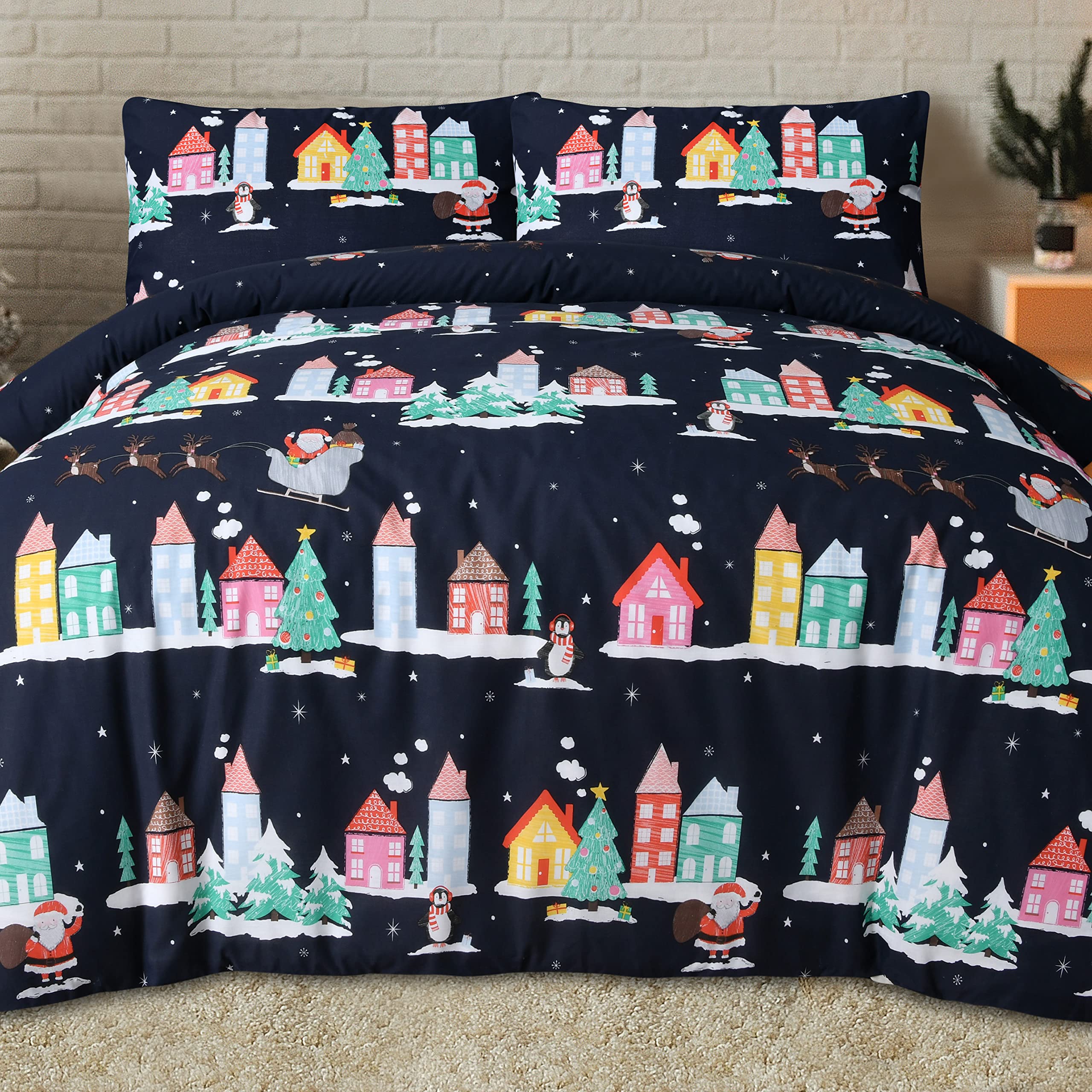 Sleepdown Santa Town Xmas Festive Navy Reversible Duvet Cover Quilt Bedding Set with Pillo...
