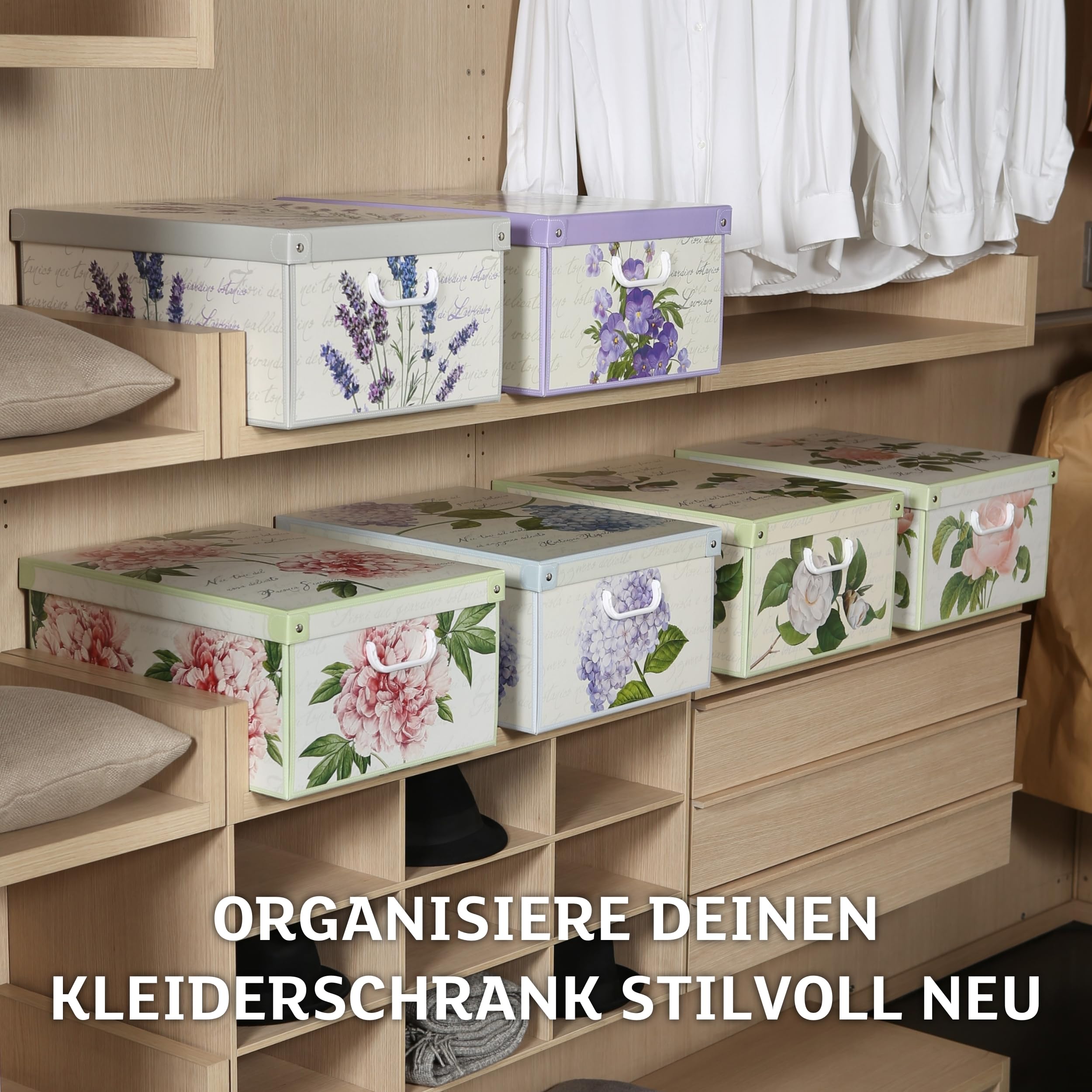 Lavatelli Set mit 6 Aufbewahrungsboxen Kleiderschrank aus Karton mit verschiedenen Blumenmustern für Kleidung, Wäsche, Wechsel der Jahreszeiten, Kinderzimmer, Geschenkbox, Organizer, 39 x 50 x 24 cm