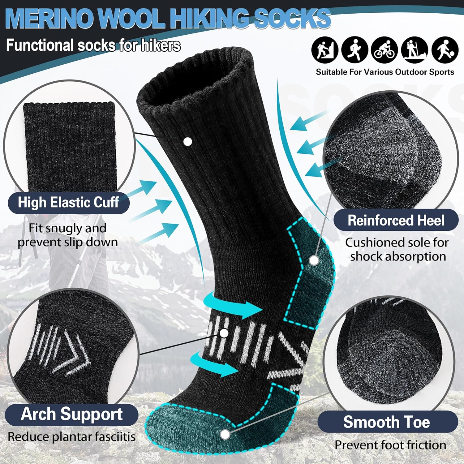 Merino Wool Hiking Socks Thermal Winter Warm Cozy Cushioned Moisture Wicking Crew Socks for Men 5 Pairs - Image 2