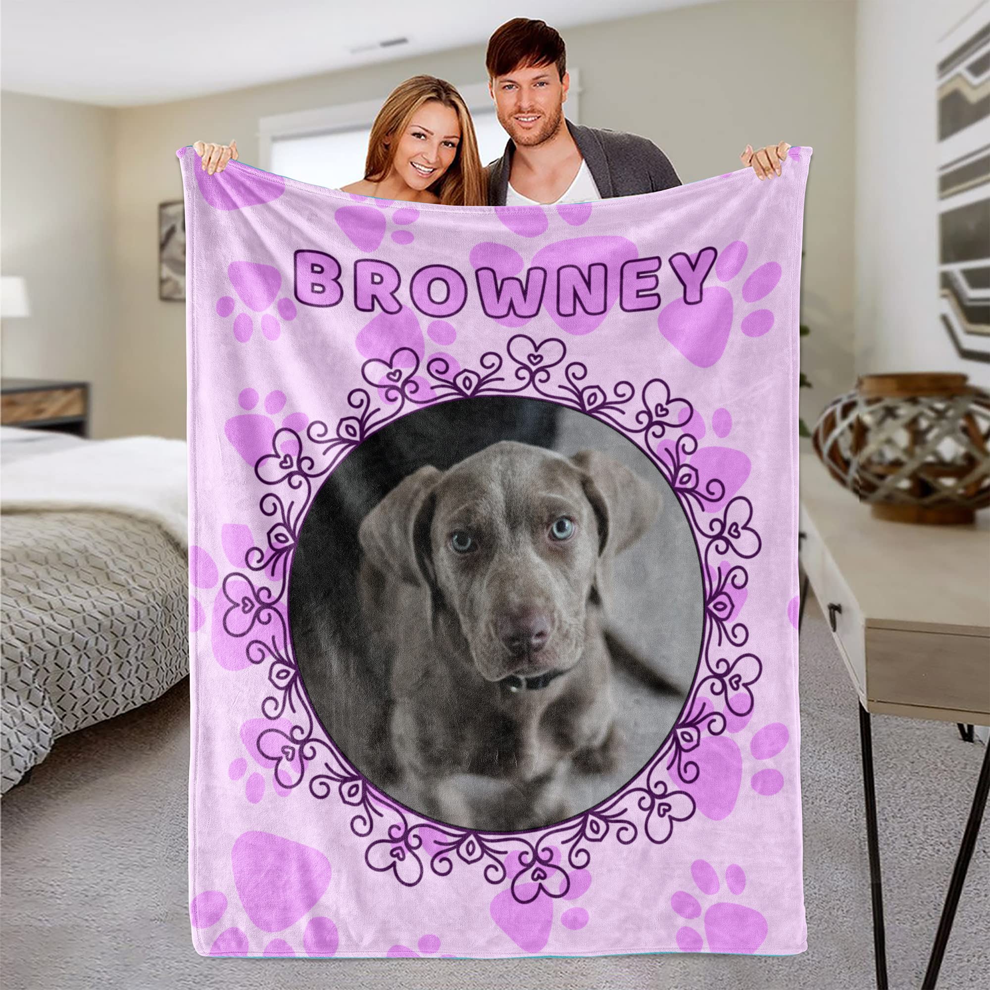 Couverture de chien photo personnalisée cadeau amoureux des animaux de compagnie Couverture personnalisée pour chien violet Couverture en polaire douce Couverture pour amoureux des chiens Cadeau
