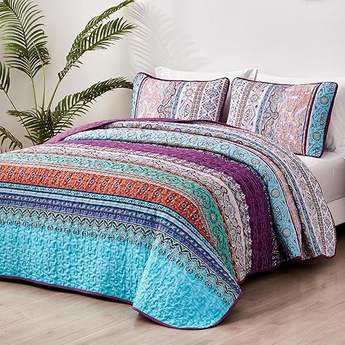 Vista 160 de WONGS BEDDING Juego de edredón bohemio tamaño Queen Aqua, juego de colcha de 3 piezas a rayas, de microfibra ligera y suave bohemia para todas