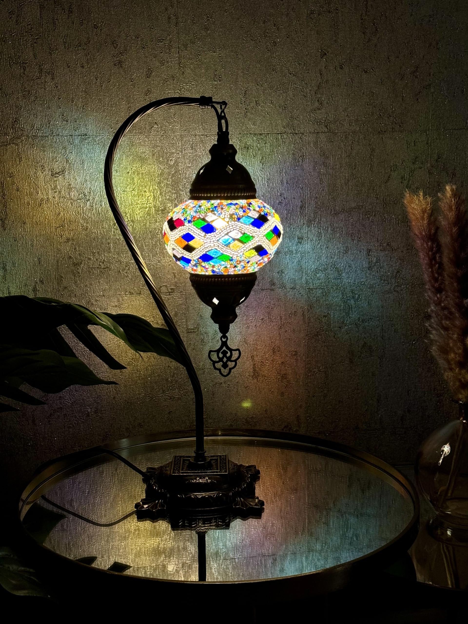 Lightza Handmade Turkish Moroccan Mosaic Desk Lamp LED Bulb | Swan Neck Unique Globe Lampshade Table Light | UK Tested Safe Energy Efficient (Multi Color Blocks) — image 1