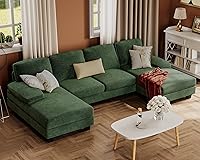Furmax U-Shaped Sectional Sofa for Living Room, Linen Fabric 4-Seat Couch with Double Chaise, Green Apartment Lounge