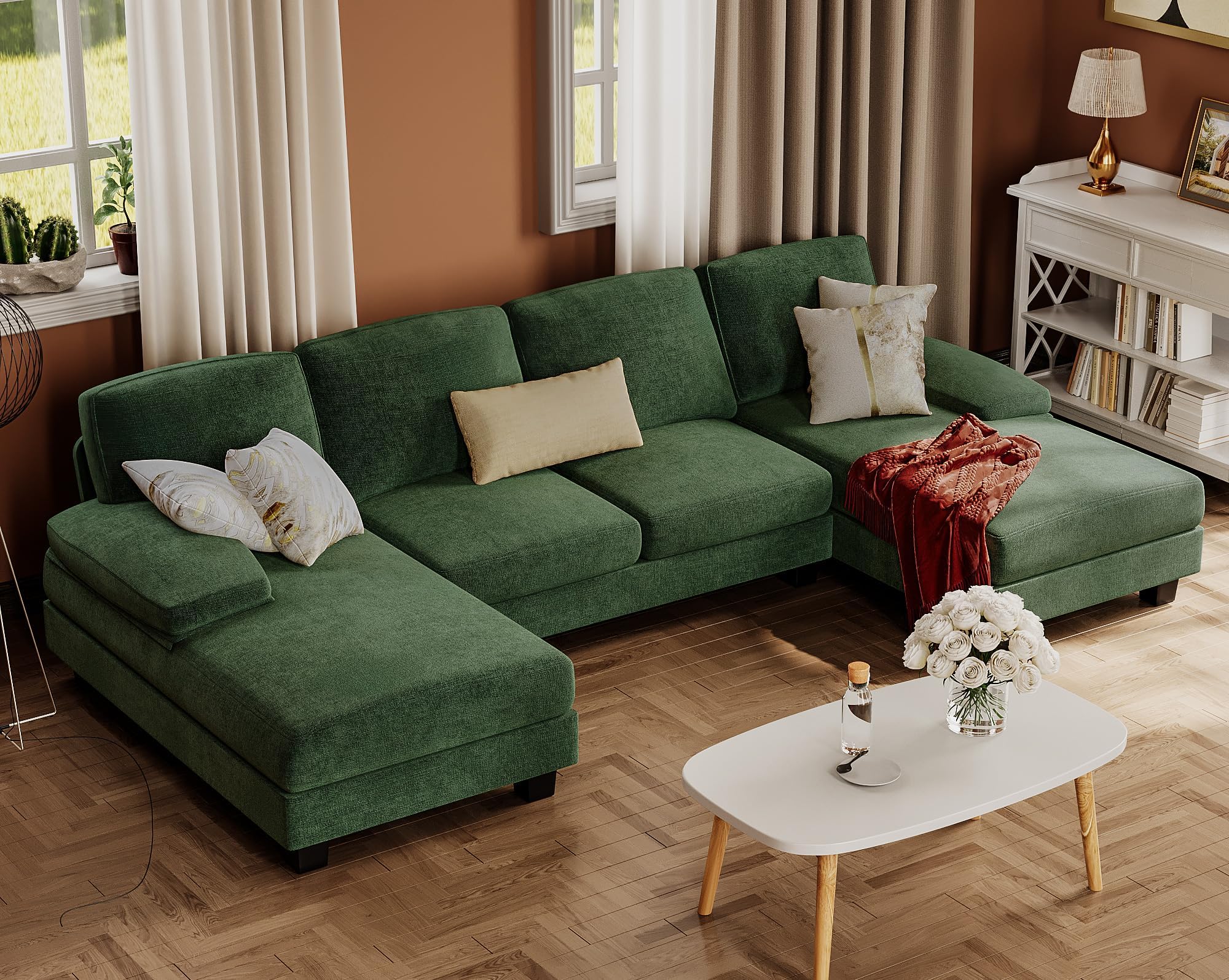 Furmax Sectional Couches for Living Room, U-Shaped Sofa Couch with Linen Fabric, 4 Seat Sofa Set with Double Chaise for Apartment (Fabric, Green)