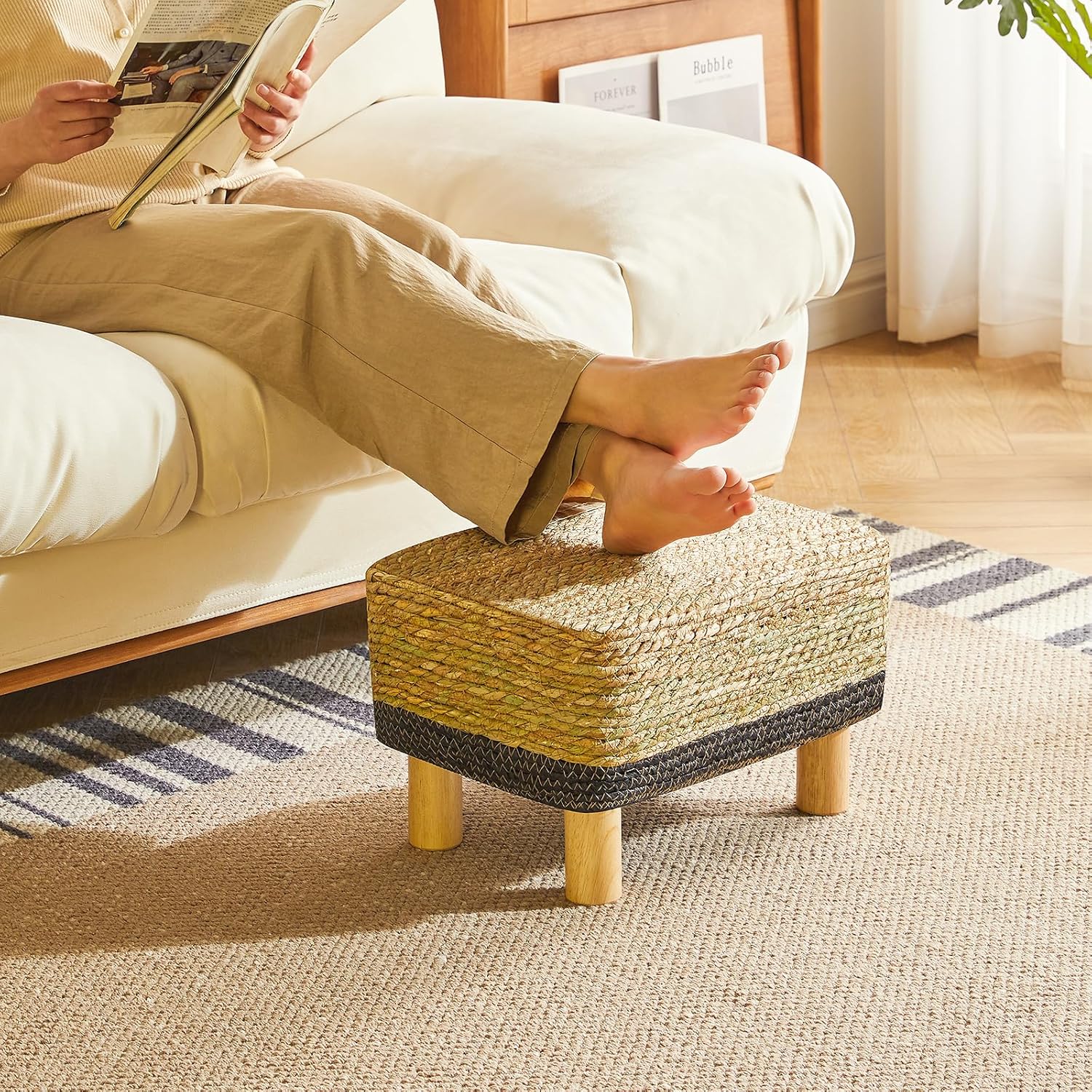 YMYNY Foot Stool Rectangular Footrest Natural Seagrass Hand Weave Pouf Ottoman with Wooden Legs, Multifunctional Modern Dressing Stool, Sofa Side Table for Living Room Bedroom Entryway Black UHBD043B