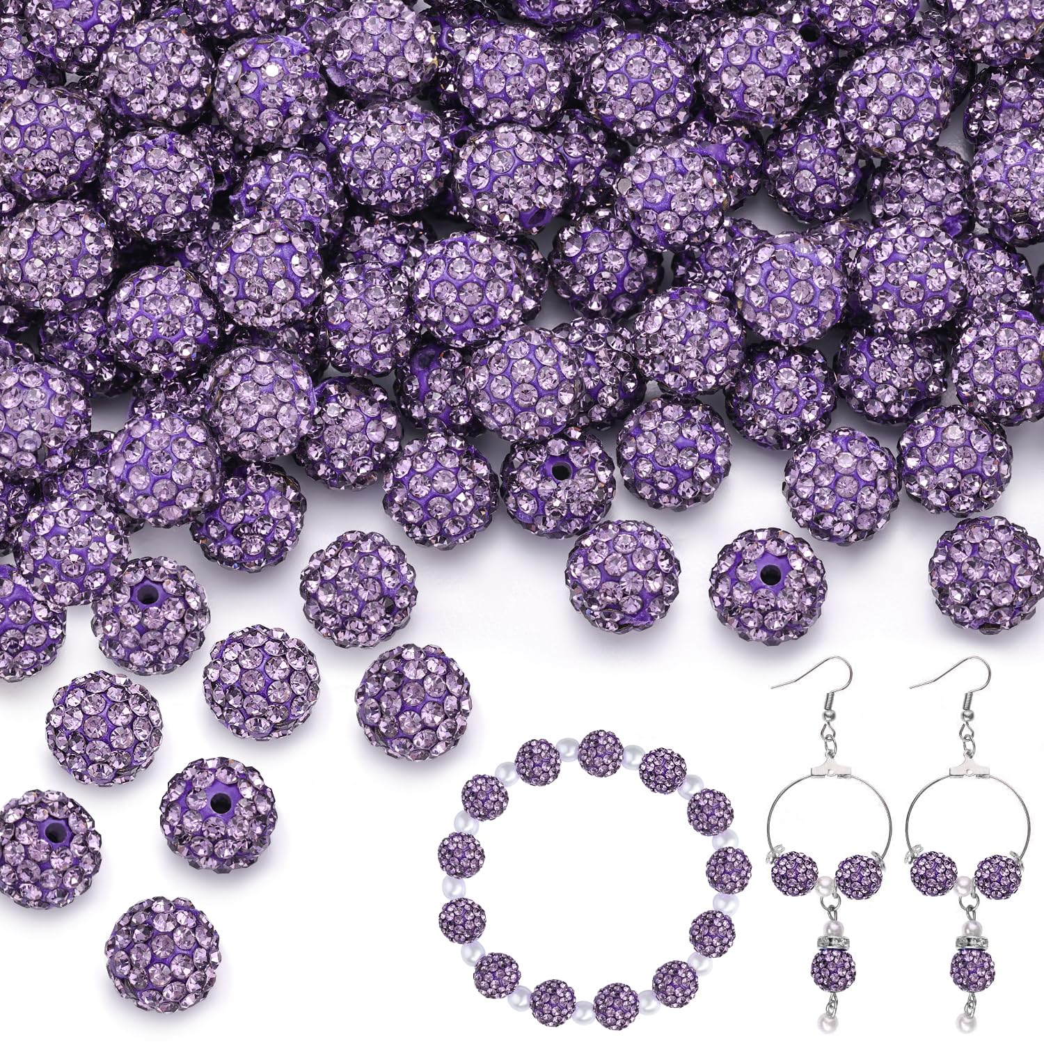 Photo 1 of 100 pcs 10mm Rhinestone Beads for Jewelry Making, Purple Shiny Round Shamballa Disco Beads Bulk, Sparkle Crystal Clay Christmas for Bracelet Baseball Necklace Earring Crafting and DIY