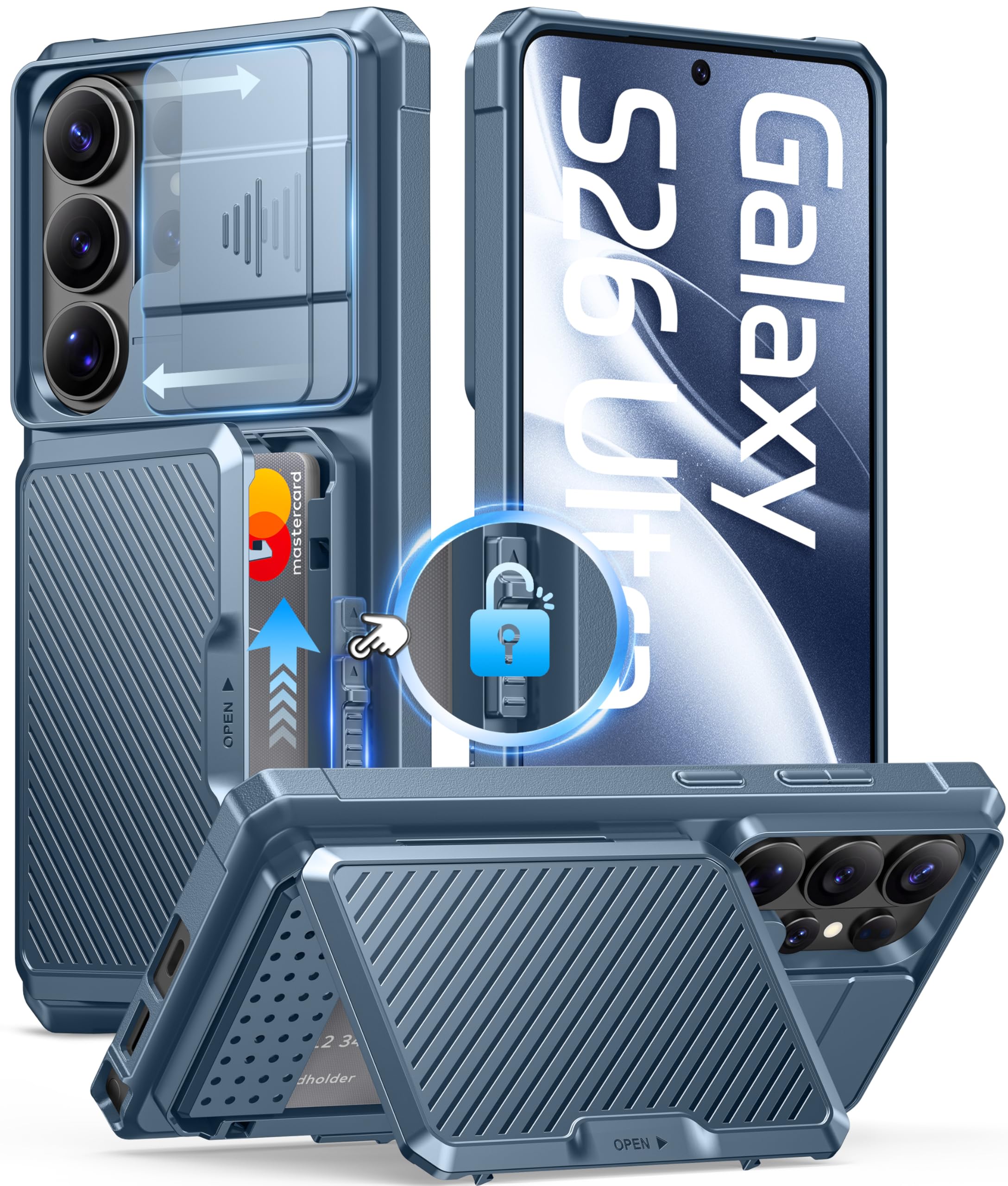 für Samsung Galaxy S26 Ultra Hülle mit Kartenhalter & Kameraabdeckung, integriertem Sicherheitsschloss und RFID-Schutz,[fasst 4–5 Karten oder Bargeld]Galaxy S26 Ultra Wallet-Hülle 6,9'', Libellen-Blau