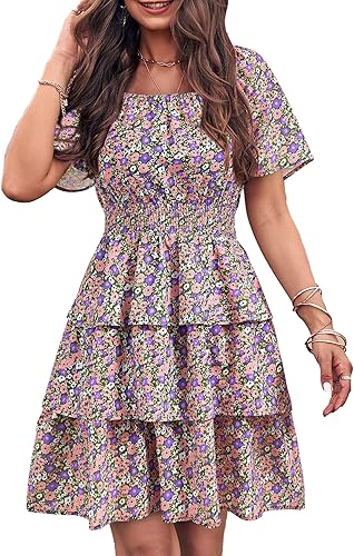 Miniatura 7 de PRETTYGARDEN Vestido corto de verano floral para mujer cuello cuadrado manga corta escalonado con volantes bohemio con vuelo