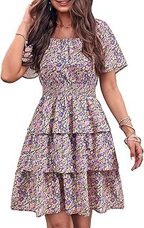 Women's 2025 Floral Summer Short Dress Square Neck Short Sleeve Tiered Ruffle Boho Swing Dresses - Buy now