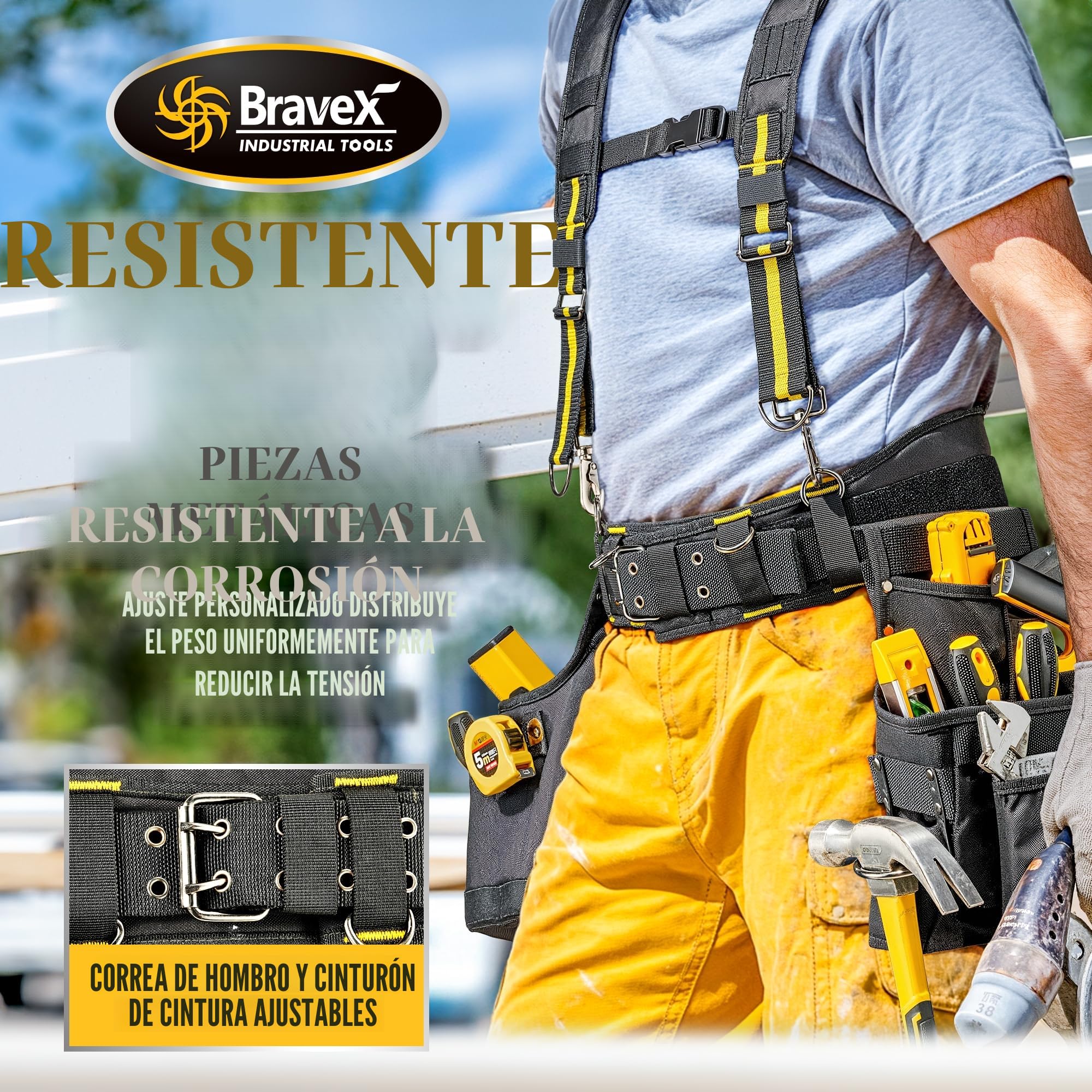 Bravex Cinturón de herramientas ultra antidesgaste con tirantes, 10 bolsillos principales y bolsillos más pequeños, fundas, bolsa para botella de agua