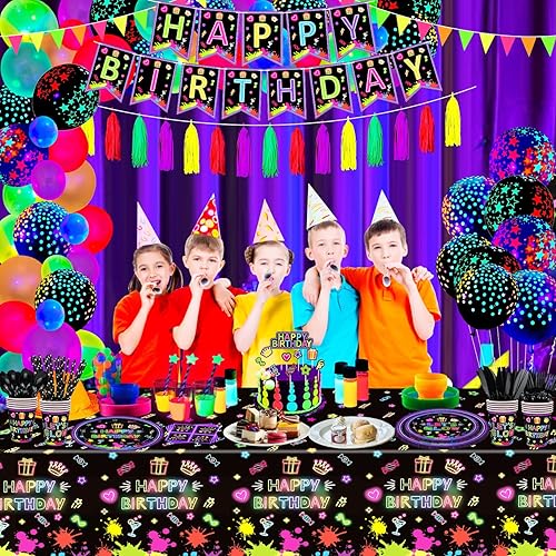 Miniatura 2 de Paquete de 247 suministros de fiesta de neón que brillan en la oscuridad, decoraciones de fiesta con luz negra, platos, pancartas de luz negra,