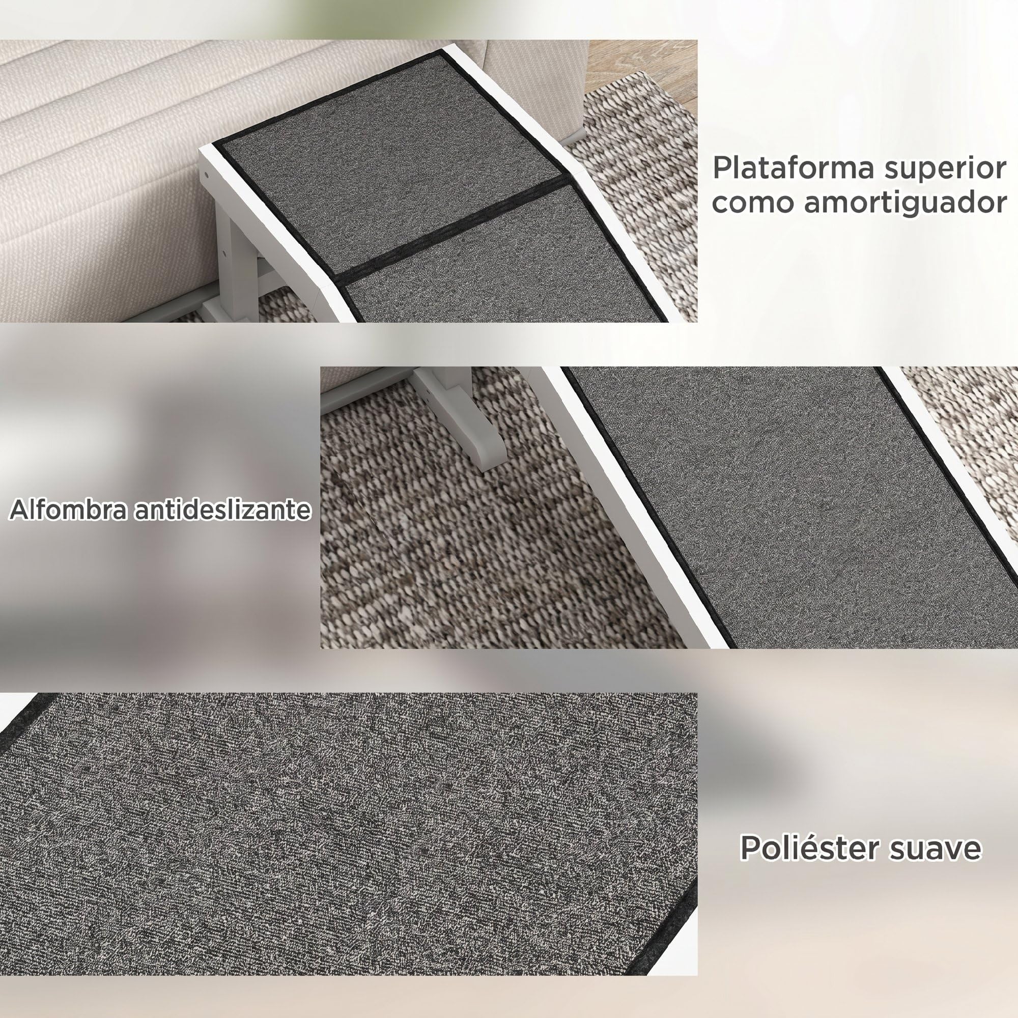 PawHut Rampa Perros de Madera para Cama/Sofá 125x40x35,5 cm Blanco y Gris | Rampa para Mascotas, Alfombra Antideslizante, para Perros Pequeños Medianos y Grandes, 125x40x35,5 cm