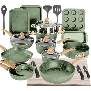 Kitchen Academy 30-Piece Induction Cookware Set with Glass Lids and Granite Coating Including Pans and Pots (Green, 30 Pieces
